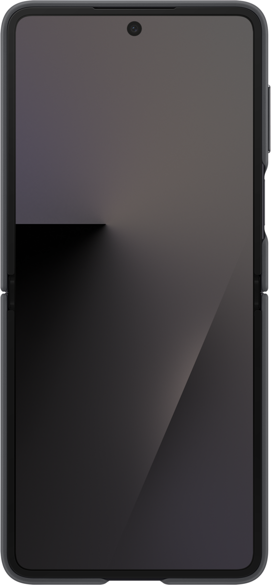 Un smartphone gris foncé fermé est montré. Une caméra est visible en haut. L'écran a un dégradé de clair à foncé.