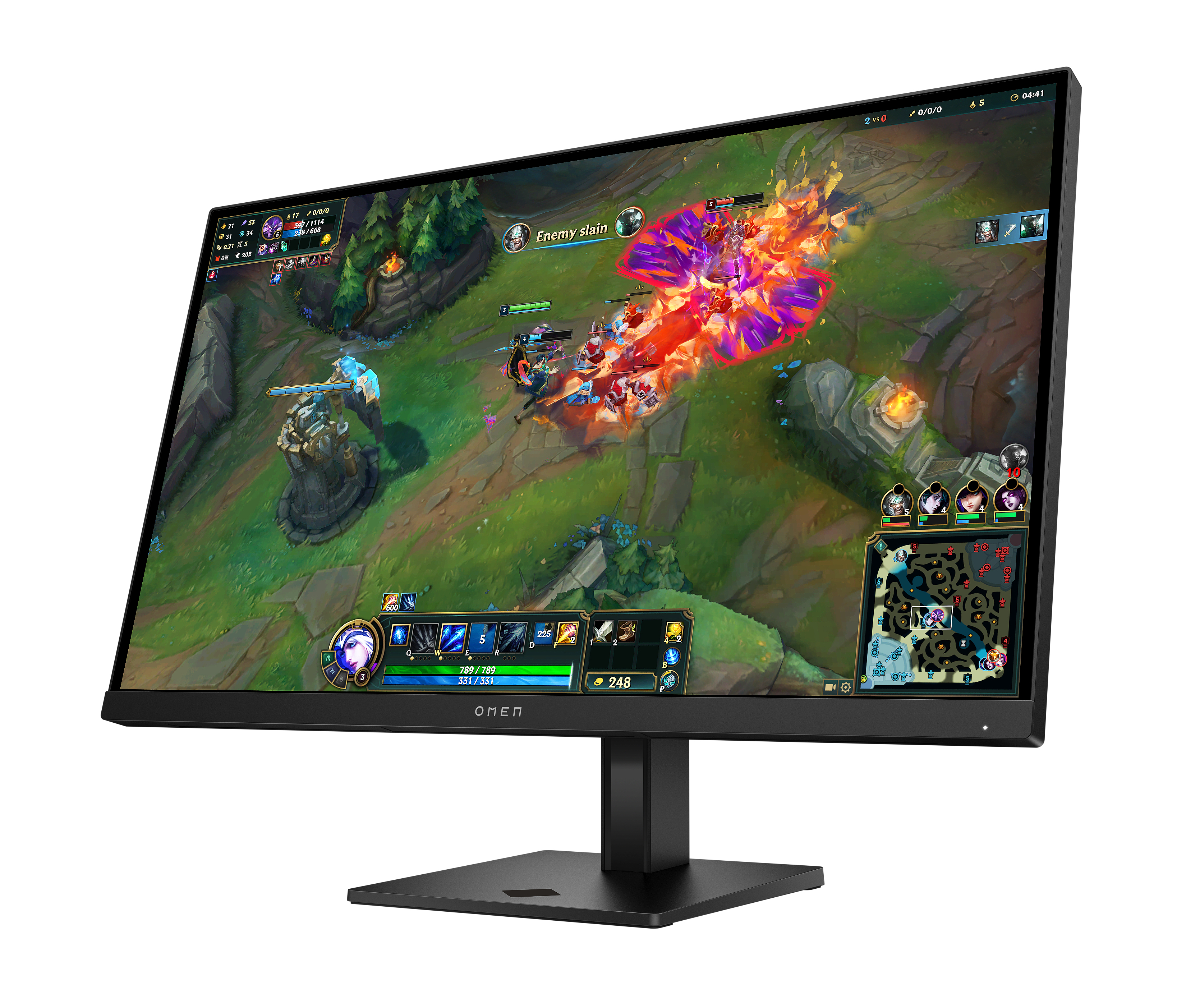 Ein schwarzer Omen-Monitor zeigt ein League of Legends-Spiel. Der Bildschirm zeigt eine Kampfszene mit verschiedenen Charakteren und Statistiken.