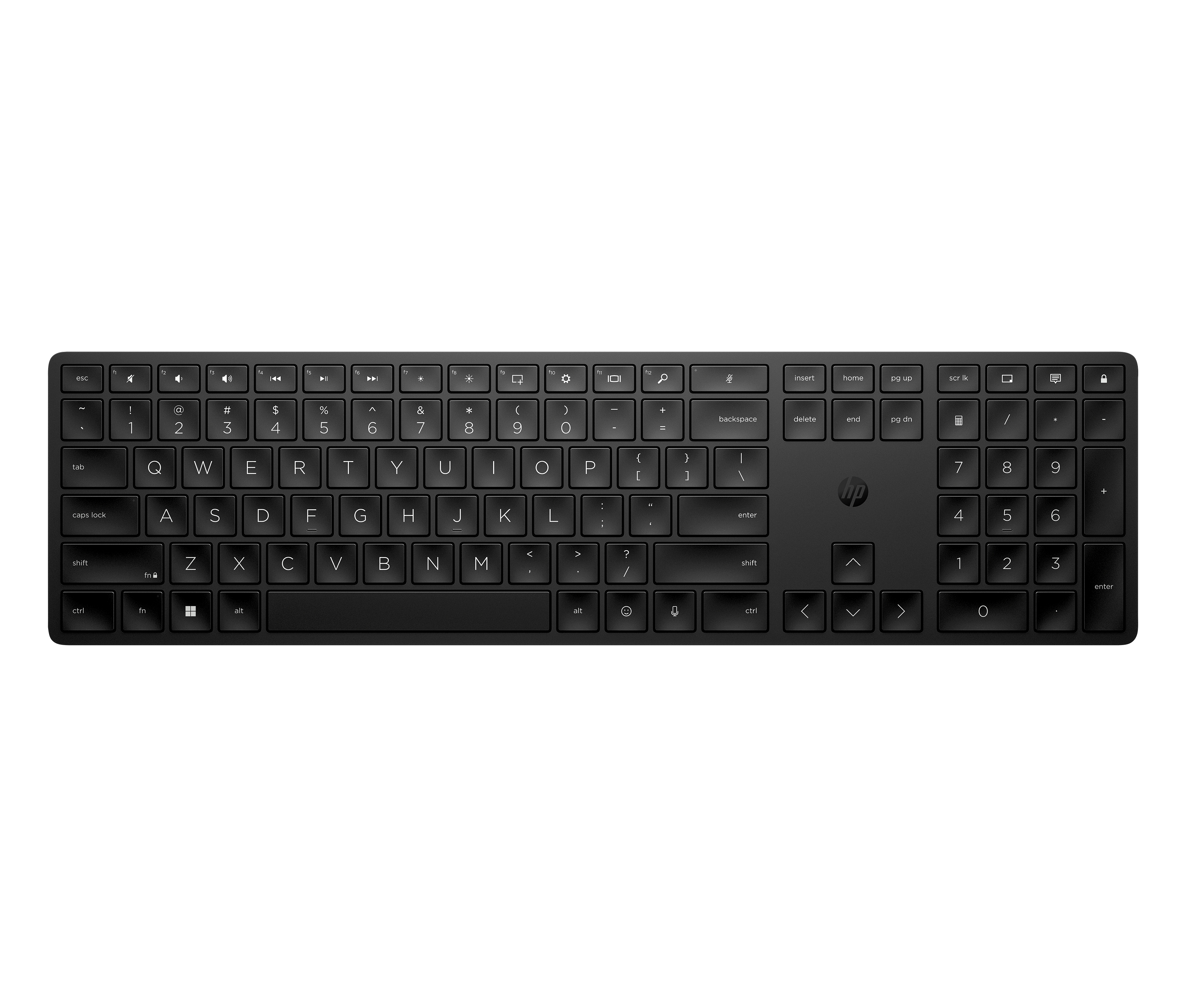 Schwarze HP-Tastatur auf weißem Grund. Sie hat Tasten mit Buchstaben, Zahlen und Symbolen.