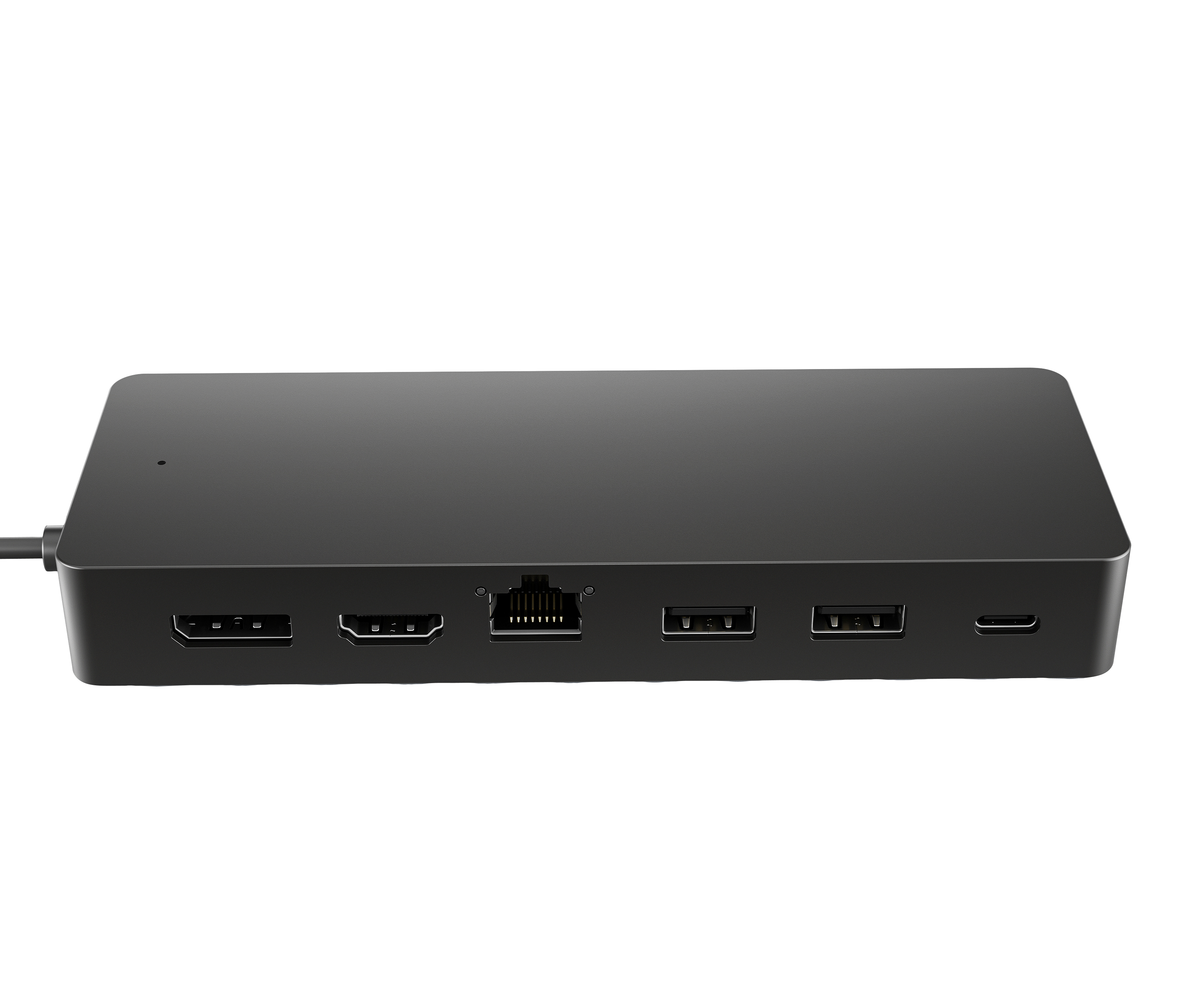 Ein schwarzer Hub mit mehreren Anschlüssen auf weißem Hintergrund. Anschlüsse umfassen HDMI, USB und Ethernet.