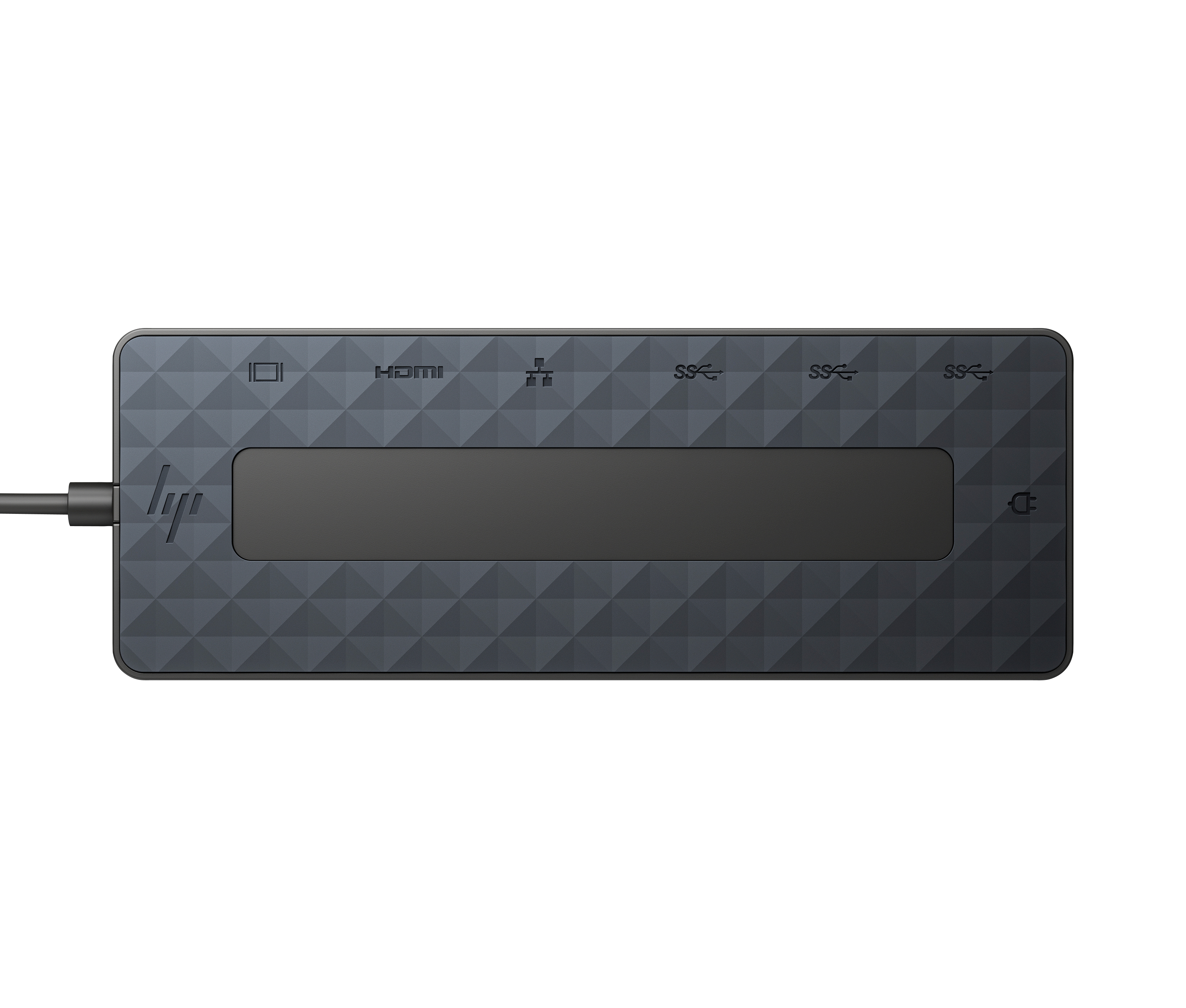 Eine dunkelgraue HP-Dockingstation mit Anschlüssen wie HDMI, USB und Stromanschluss auf weißem Grund.