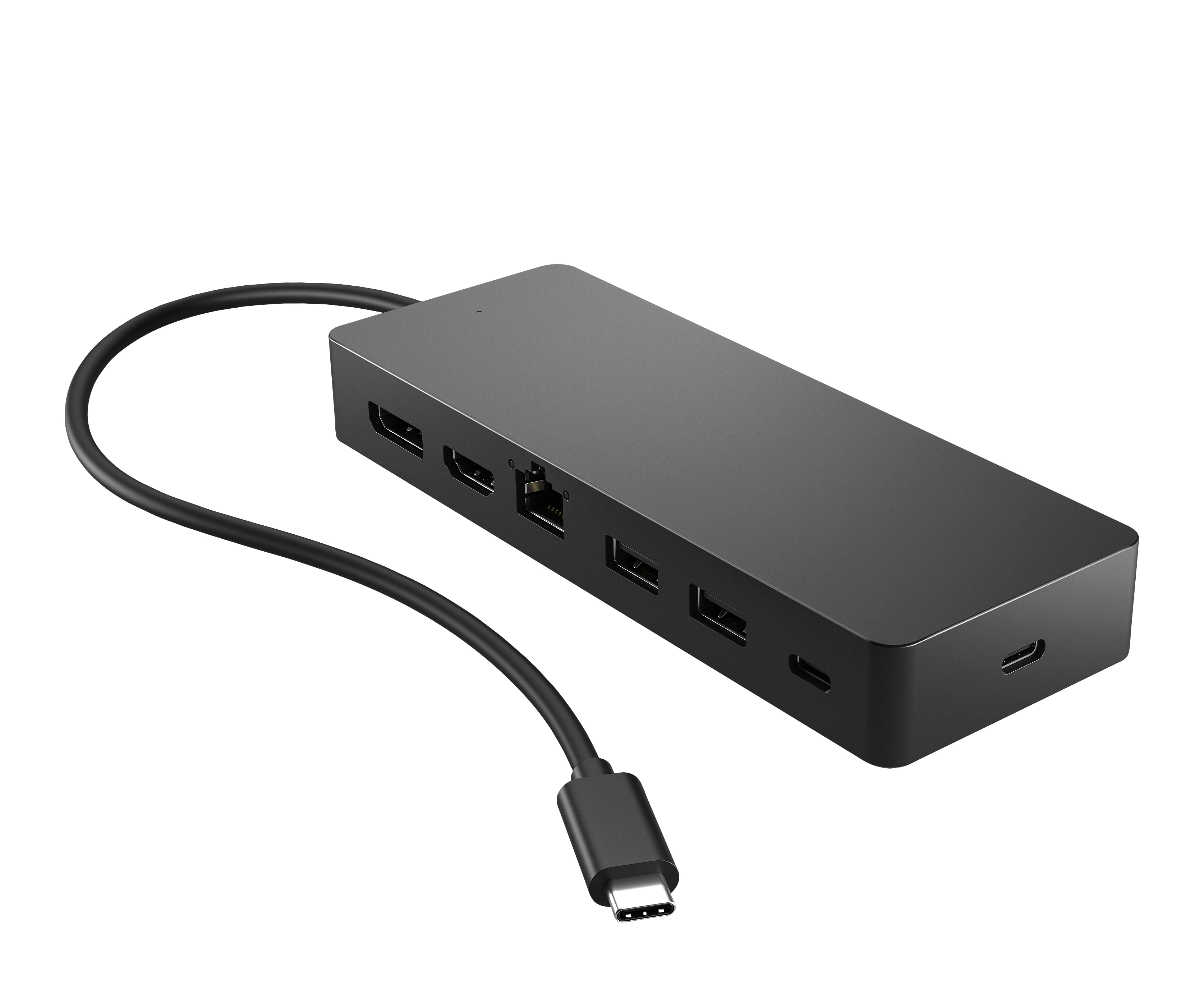 Ein schwarzer USB-C-Hub mit mehreren Anschlüssen, einschließlich HDMI und USB, wird auf weißem Hintergrund gezeigt.