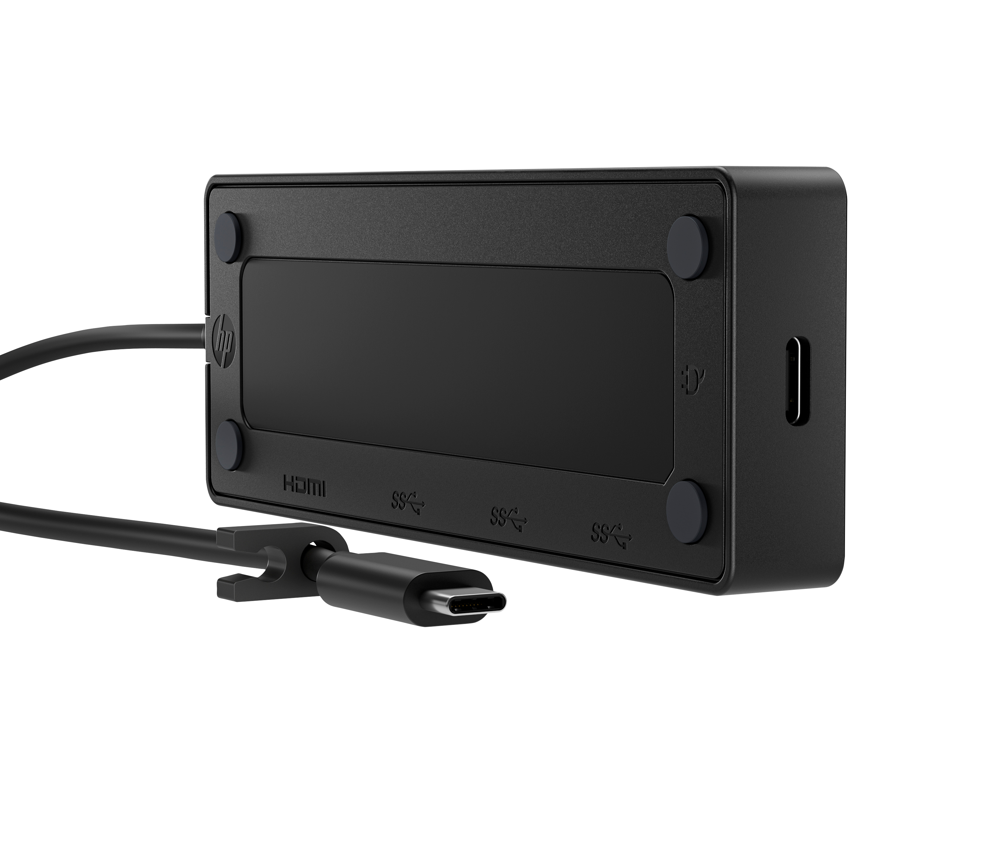 Eine schwarze HP-Dockingstation mit einem USB-C-Kabel. Sie hat HDMI- und USB-Anschlüsse und Gummifüße.