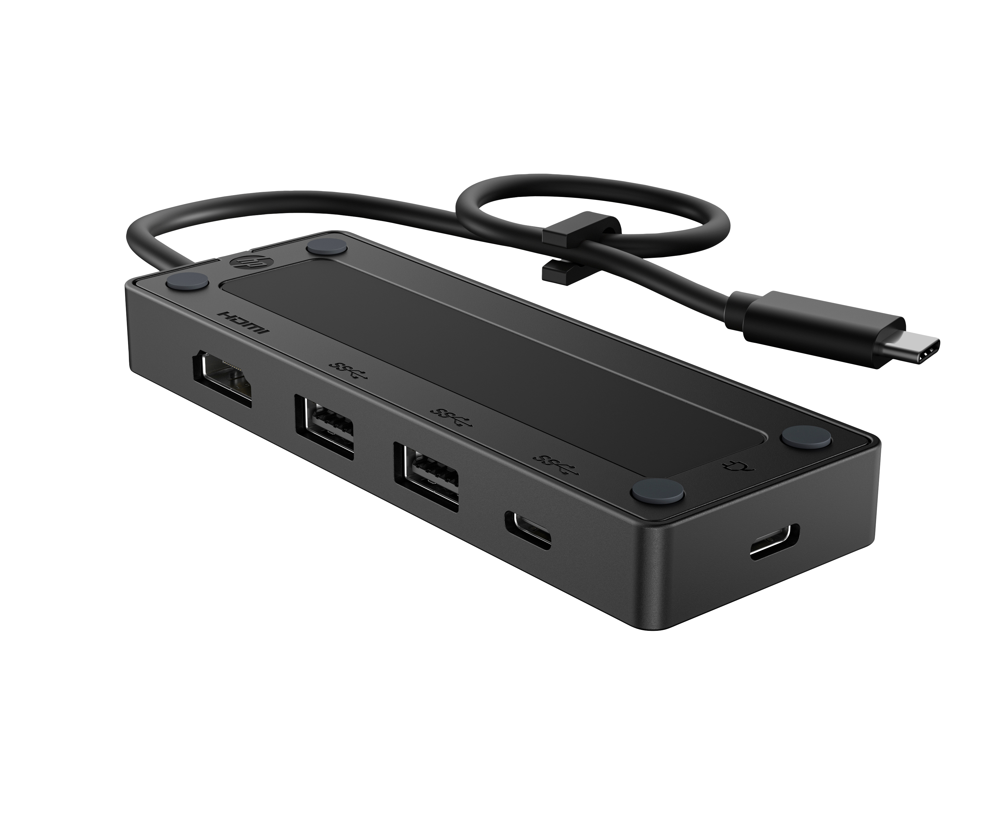Schwarzer USB-C-Hub mit HDMI, USB-Anschlüssen und einem USB-C-Anschluss. Der Hub befindet sich auf weißem Hintergrund.