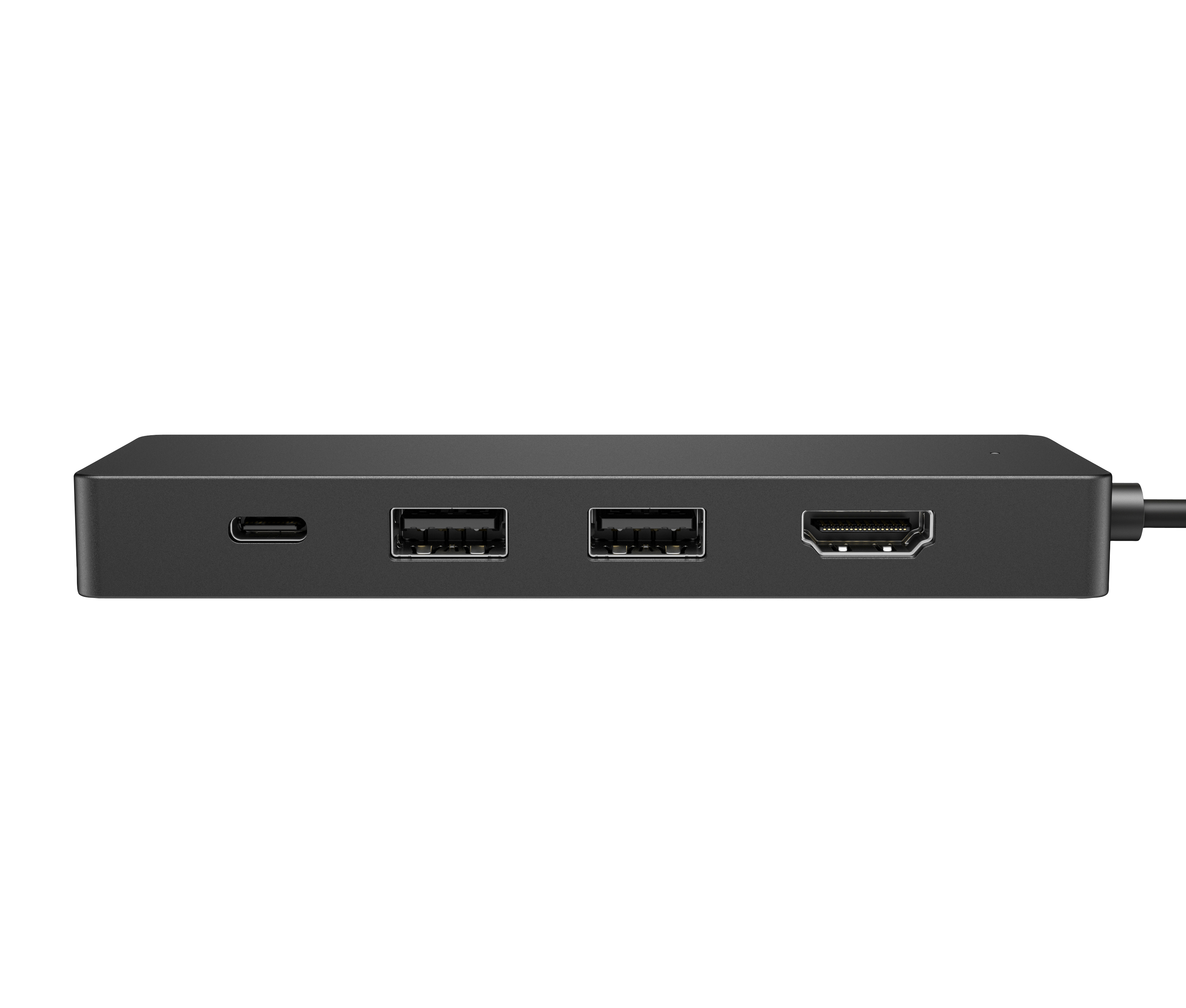 Schwarzer Hub mit USB-C, USB-Anschlüssen und HDMI. Ein Kabel erstreckt sich von rechts. Weißer Hintergrund.