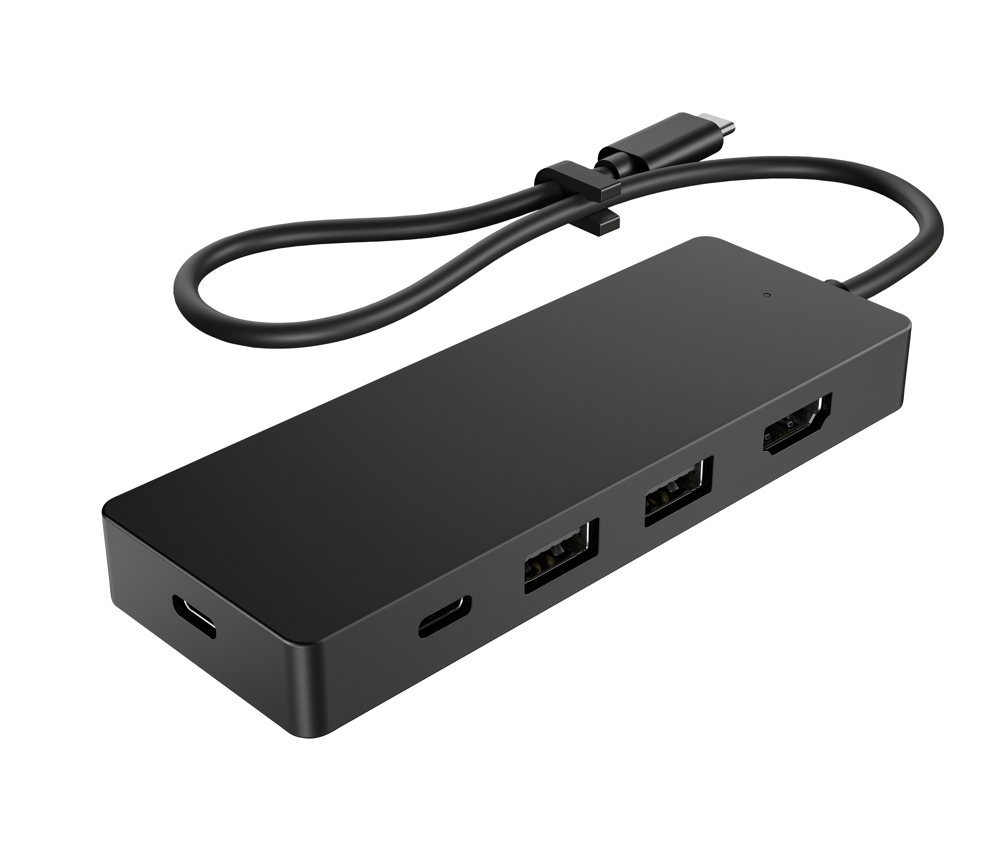 Schwarzer USB-C-Hub mit mehreren Anschlüssen und einem angeschlossenen Kabel auf weißem Hintergrund.