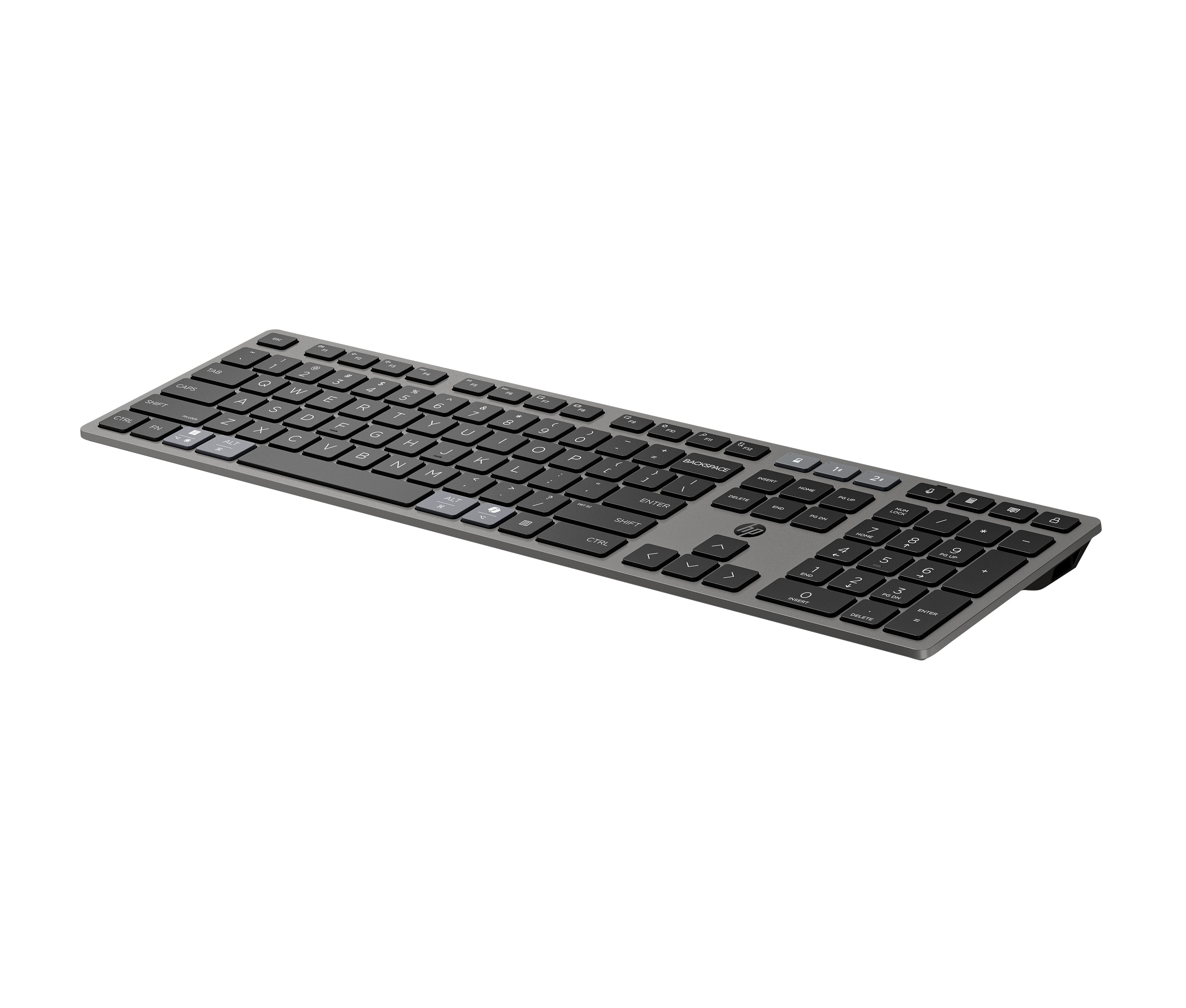 Graue Tastatur mit schwarzen Tasten auf weißem Grund. Ziffernblock und alphanumerische Tasten sichtbar.