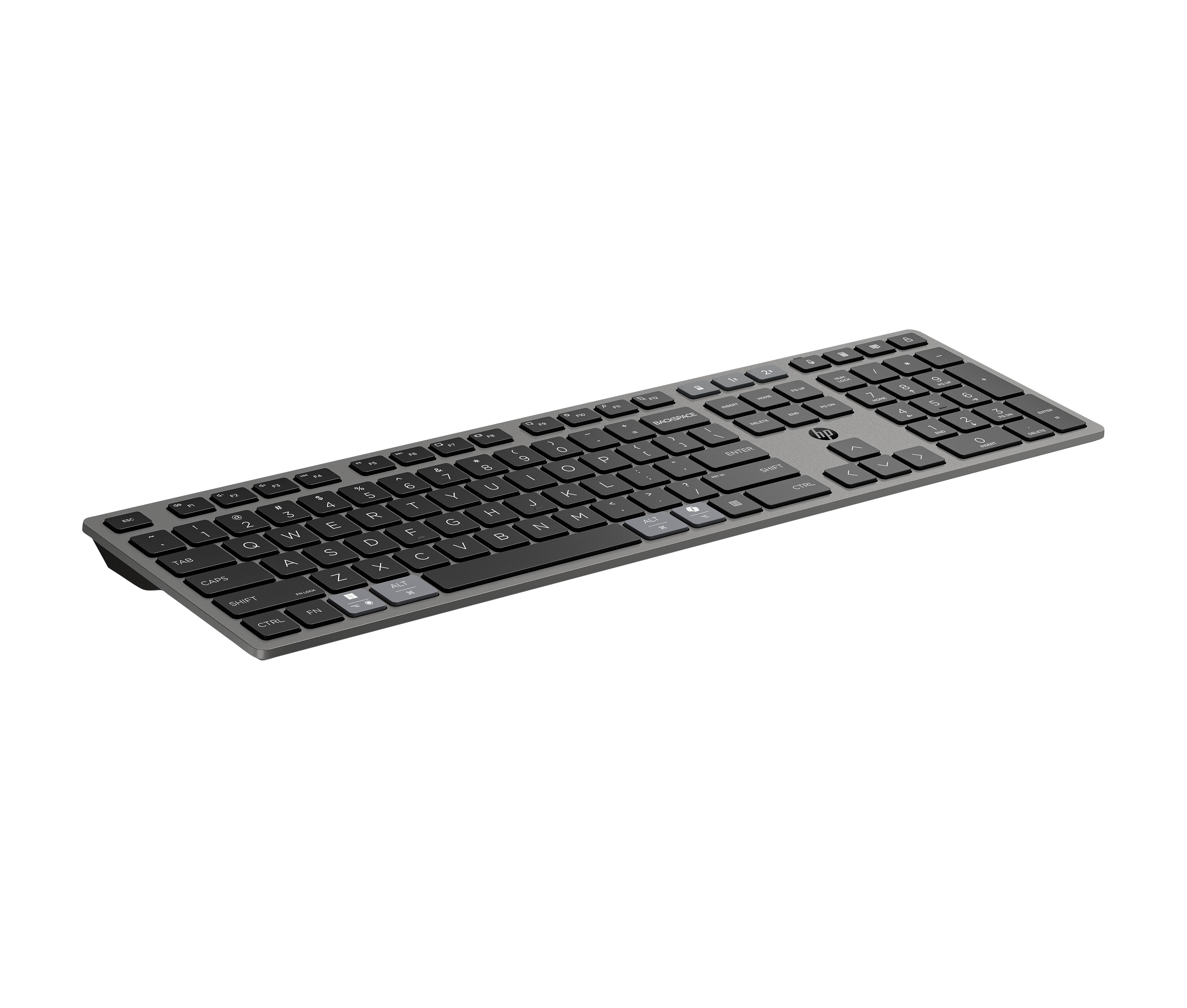 Graue HP-Funk-Tastatur mit schwarzen Tasten auf weißem Hintergrund. Mit Nummernblock.