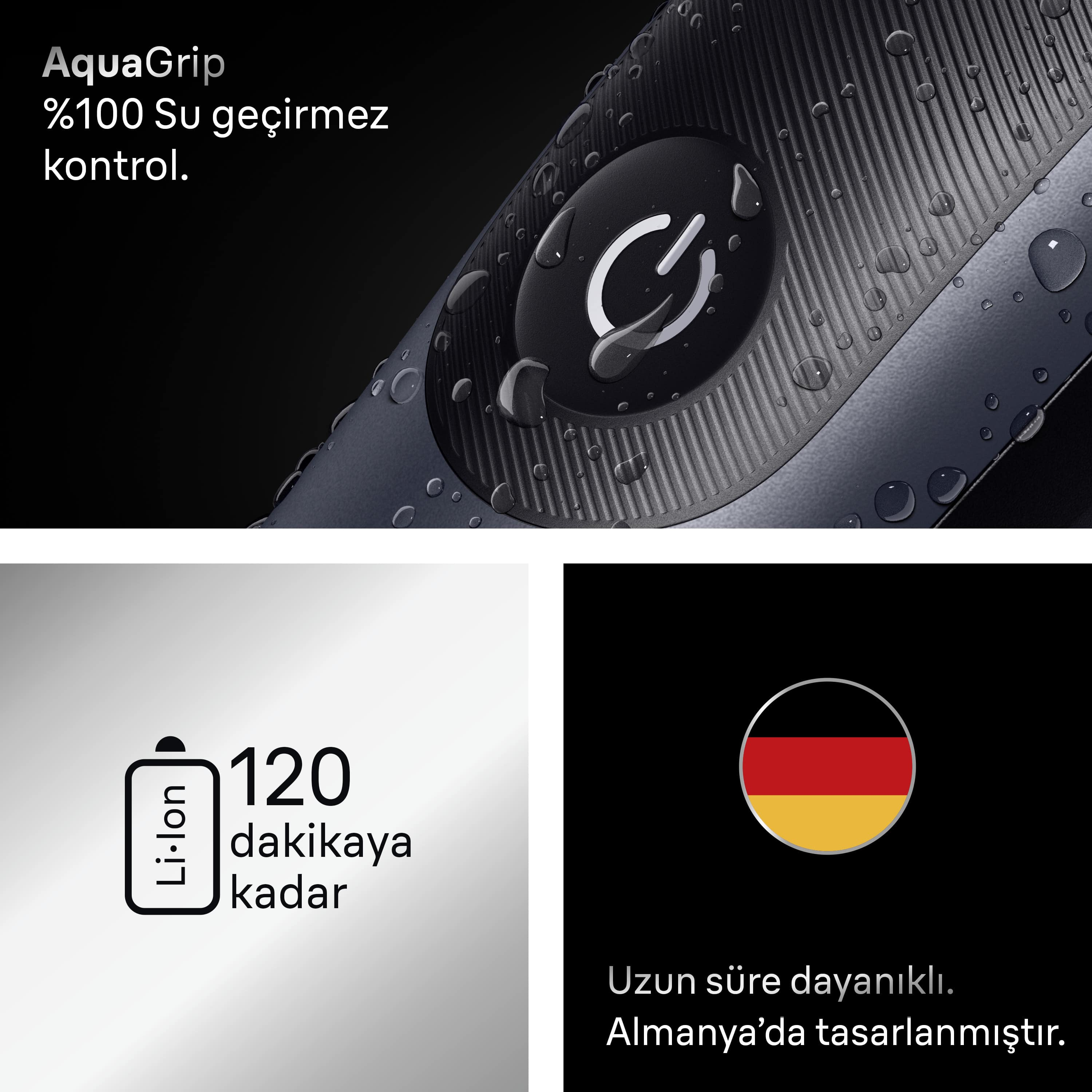 Su damlacıkları olan siyah bir tıraş makinesinin yakın çekimi. Metin: 'AquaGrip'. Diğer bölümler: pil ömrü ve Almanya bayrağı.