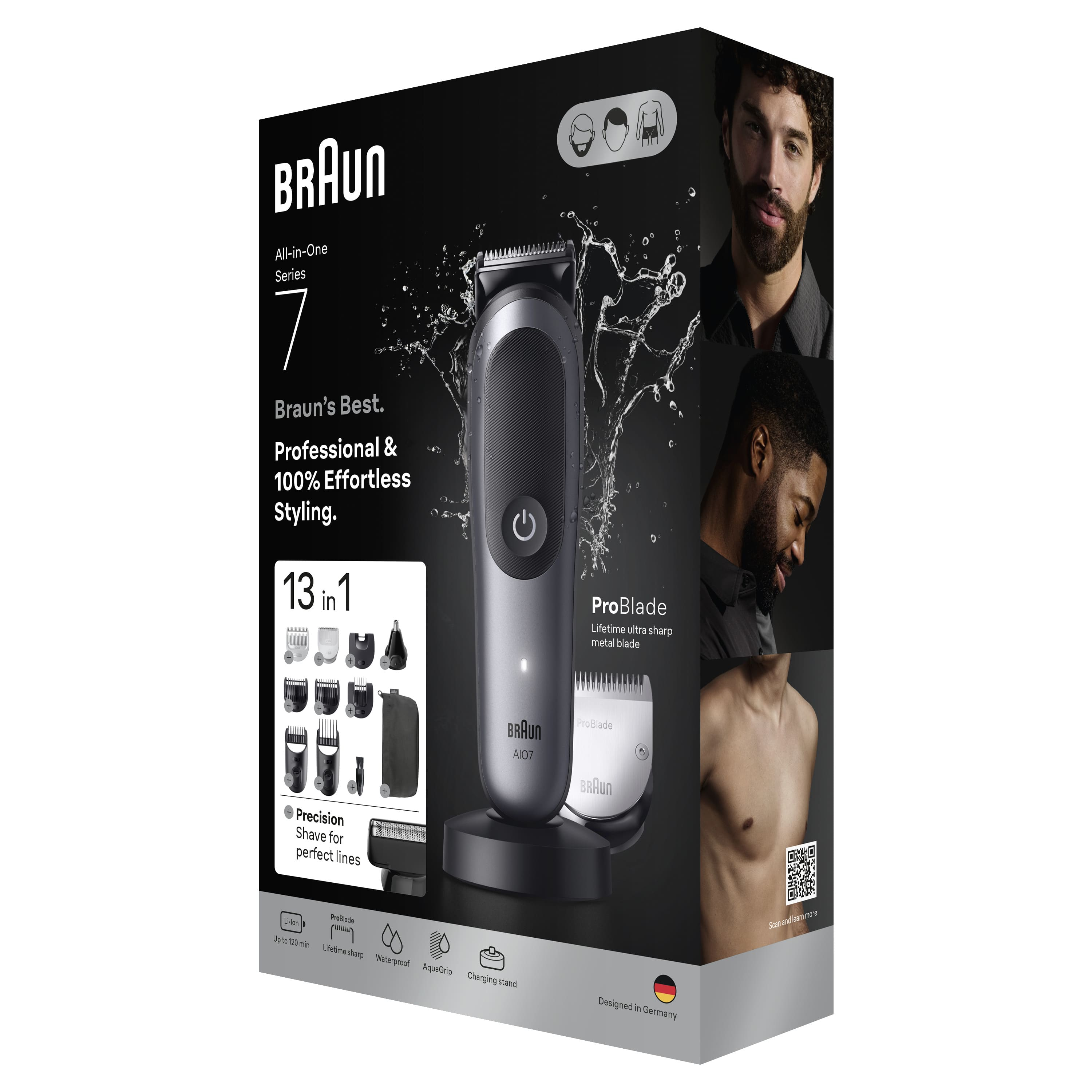 Braun All-in-One Seri 7 kutusu. Bir düzeltici, erkek modelleri ve metin vardır. Ayrıca 13'ü 1 arada özelliklere sahiptir.