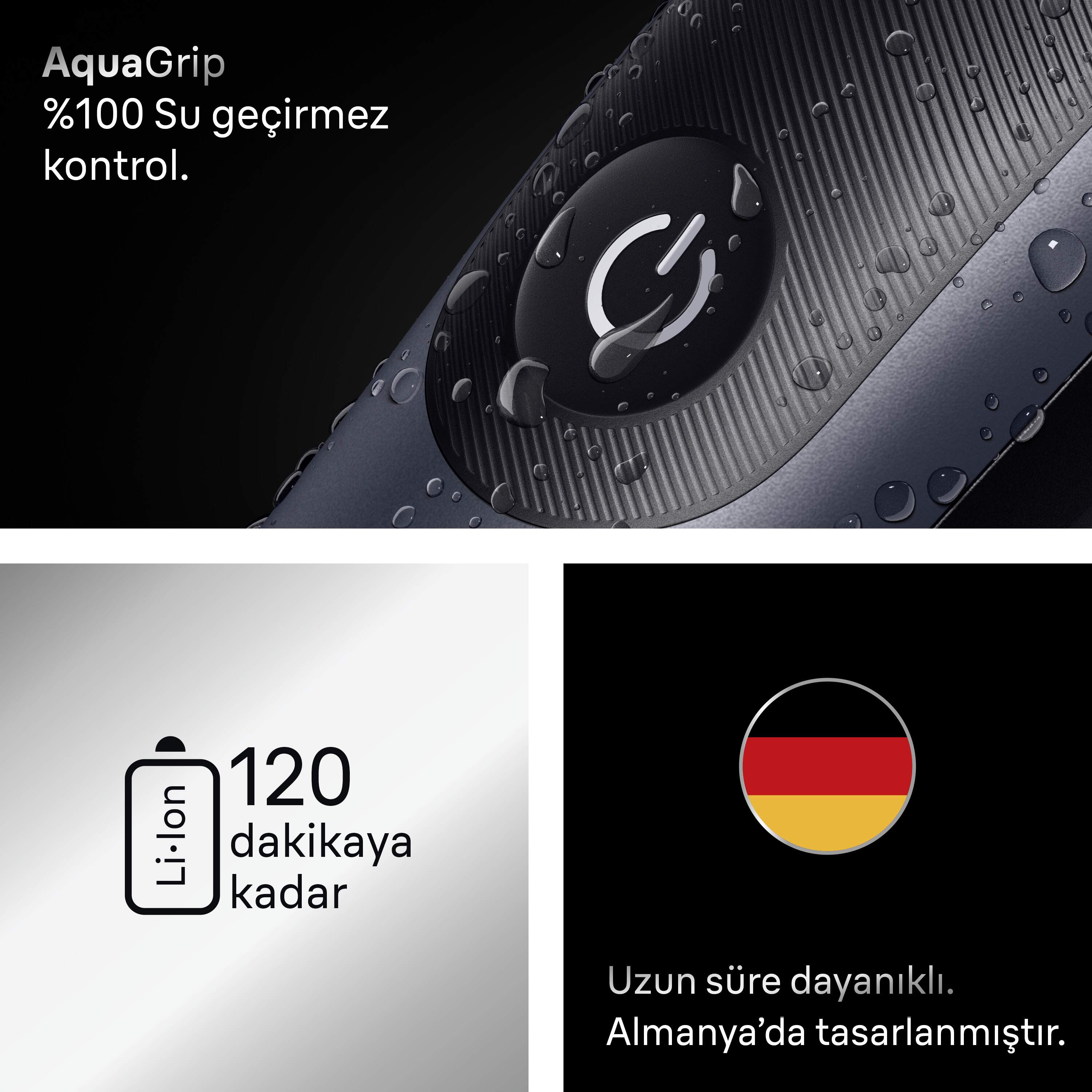 Açma/kapama düğmeli ıslak siyah bir cihazın yakın çekimi. Metin 'AquaGrip' ve '%100 su geçirmez' yazıyor.