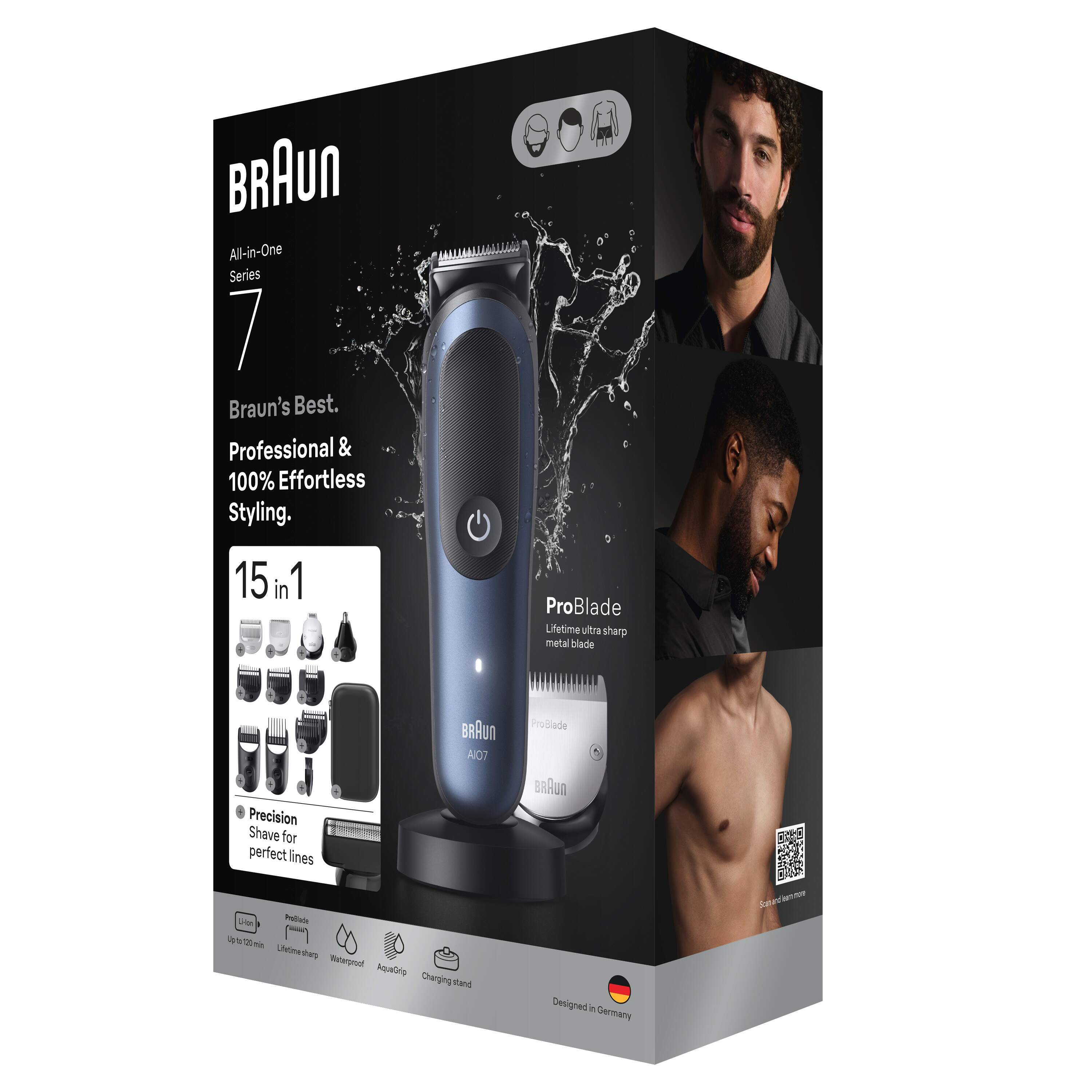 Braun Series 7 All-in-One kutusu, bir tıraş makinesi, modeller ve erkekler gösteriyor. 15'i 1 arada, ProBlade ve AquaGrip içerir.
