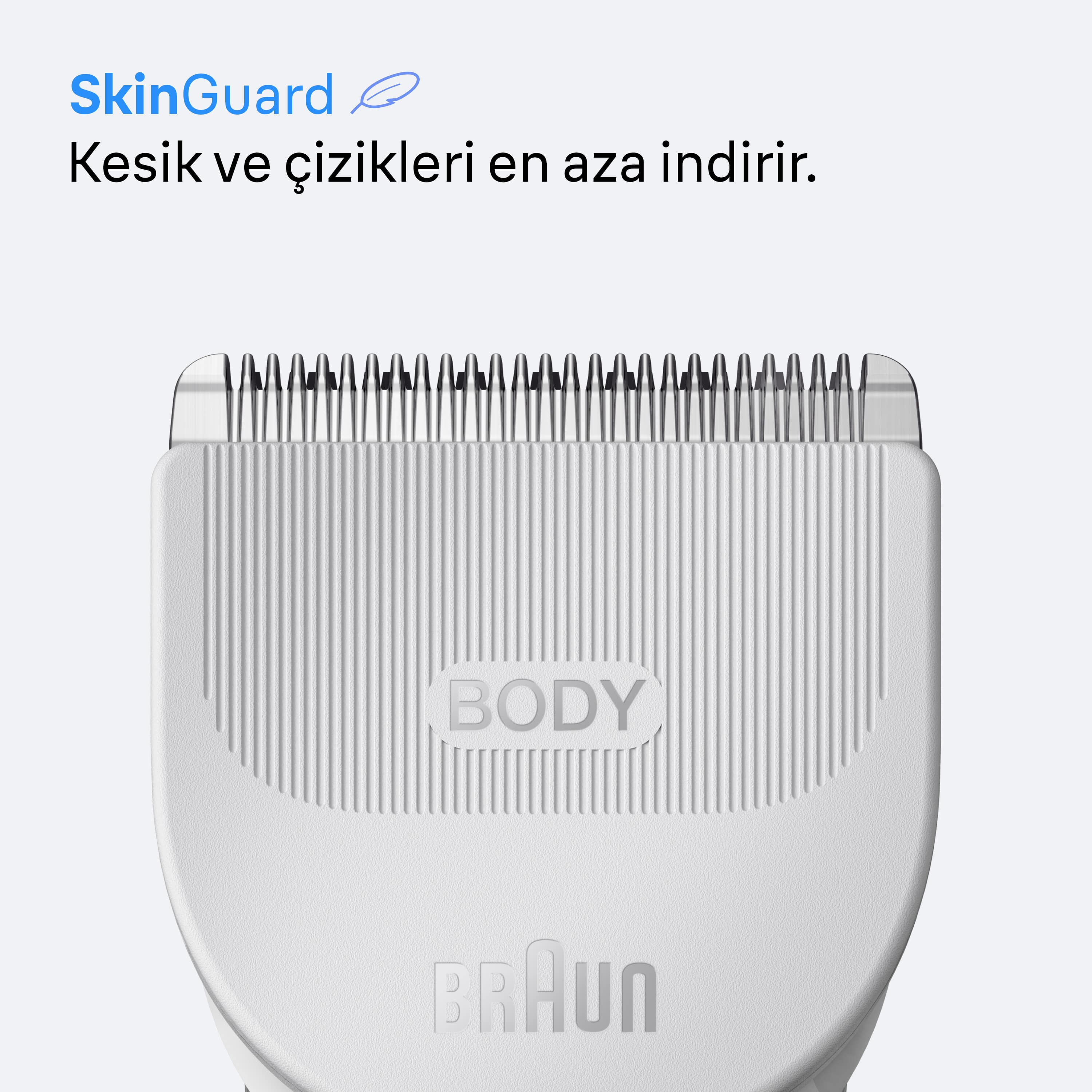Bıçakları olan beyaz bir Braun tıraş başlığının ve dokulu bir yüzeyde 'BODY' kelimesinin yakın çekimi.