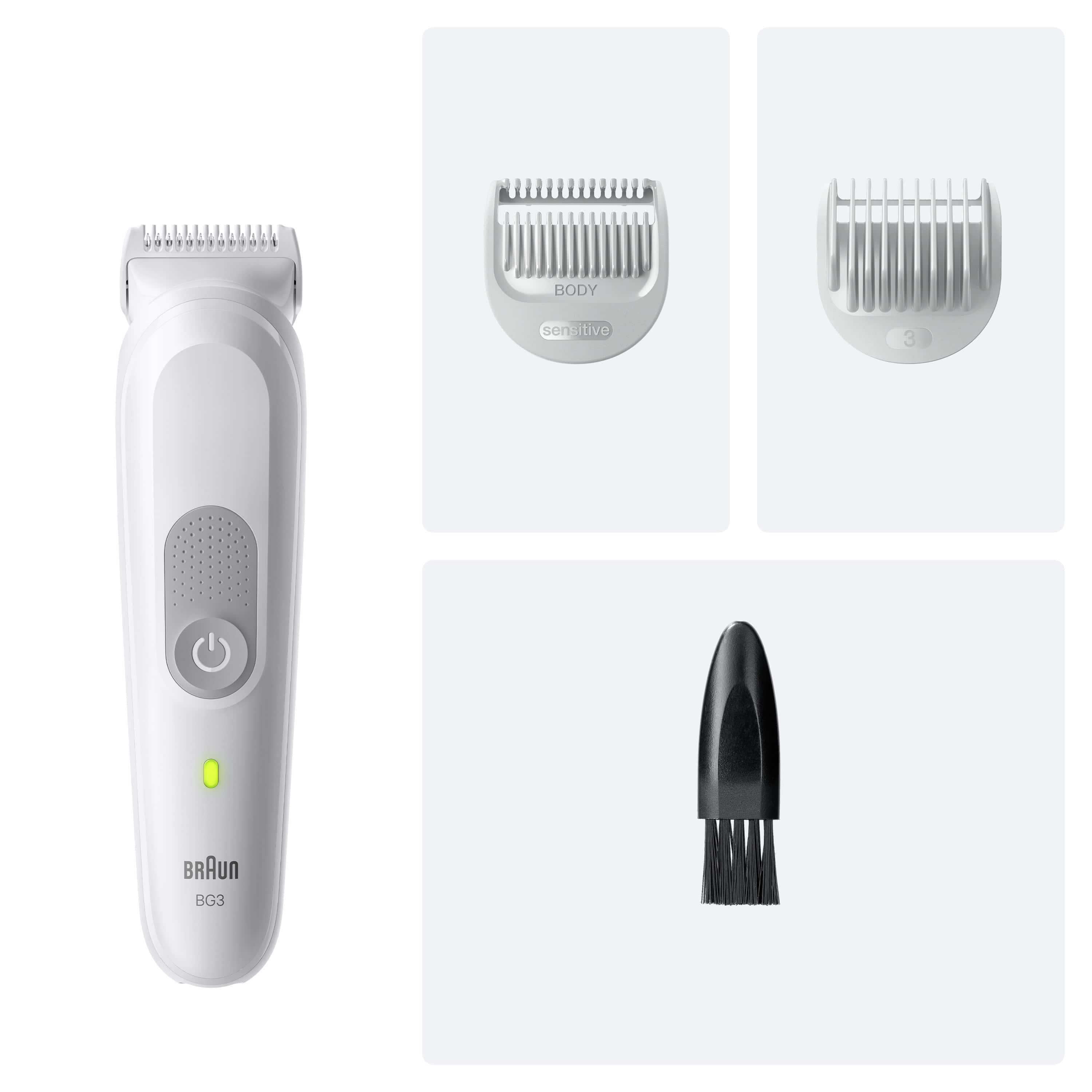 Beyaz bir Braun BG3 düzeltici ve ekleri. Vücut, 3 mm ve bir temizleme fırçası içerir. Güç düğmesi görünür.