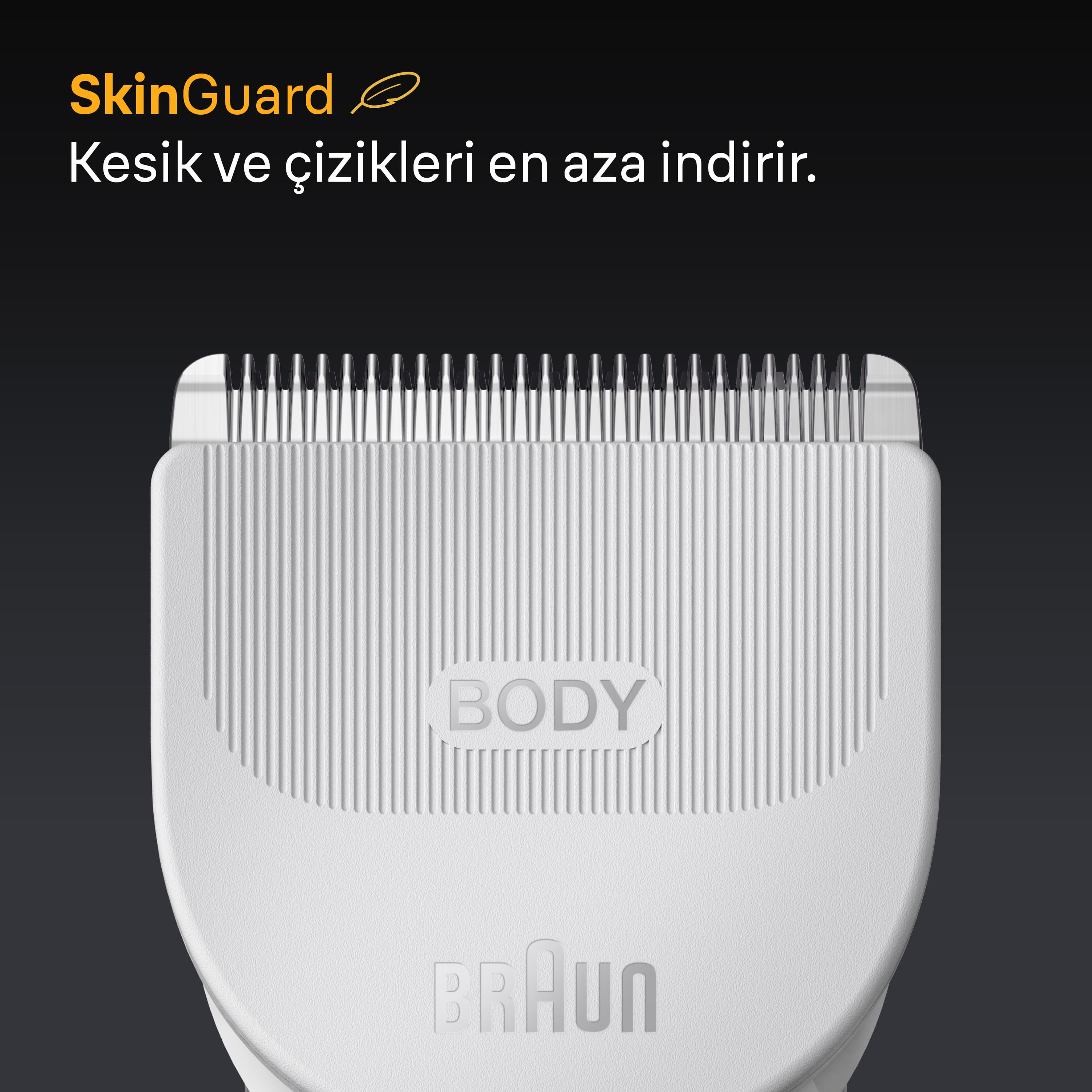 Bıçaklı beyaz bir tıraş başlığının yakın çekimi. BODY kelimesi görünür. Braun logosu altta. Siyah arka plan.