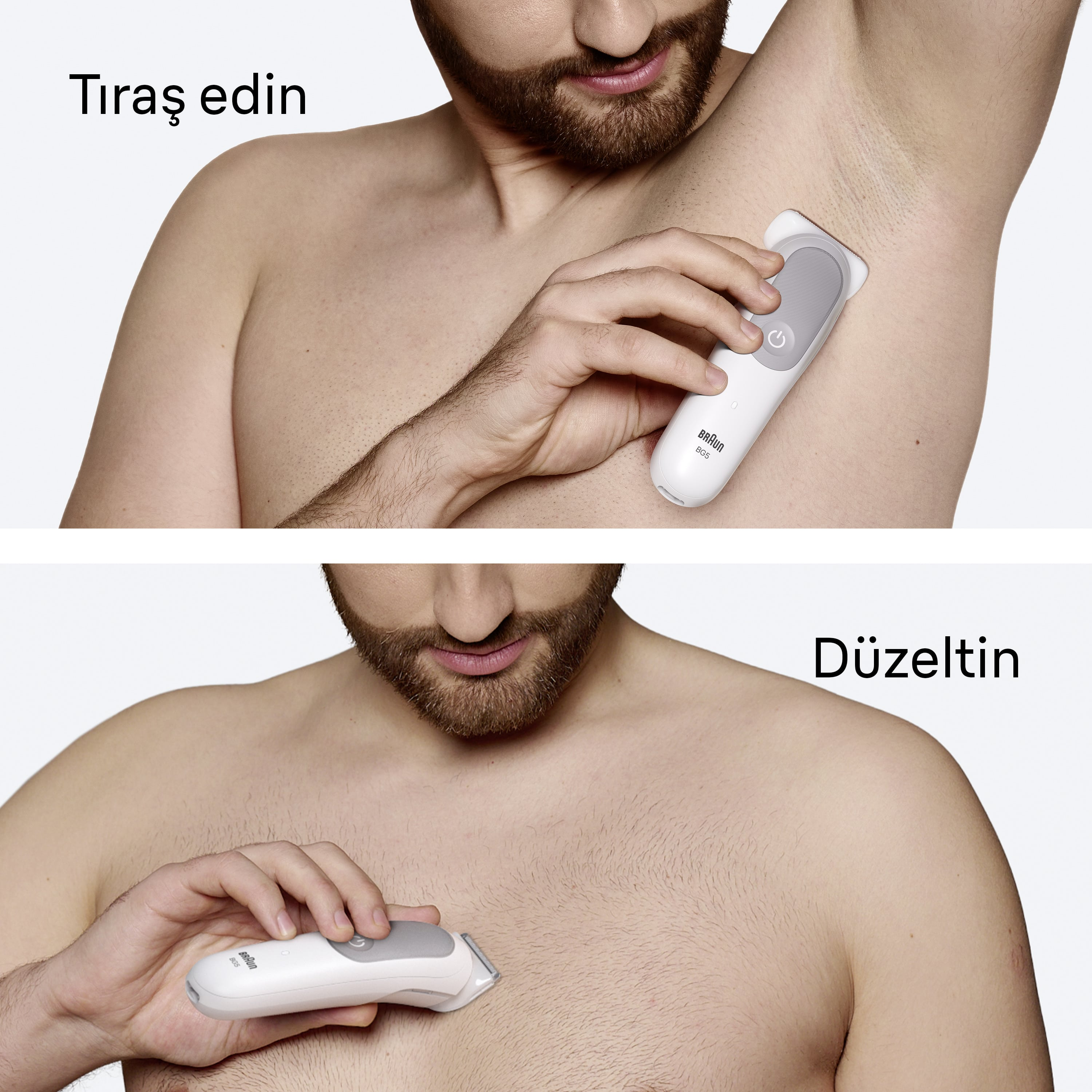 Bir adam beyaz bir düzeltici ile koltuk altını tıraş ediyor. Başka bir görüntüde göğüs kıllarını düzeltiyor.
