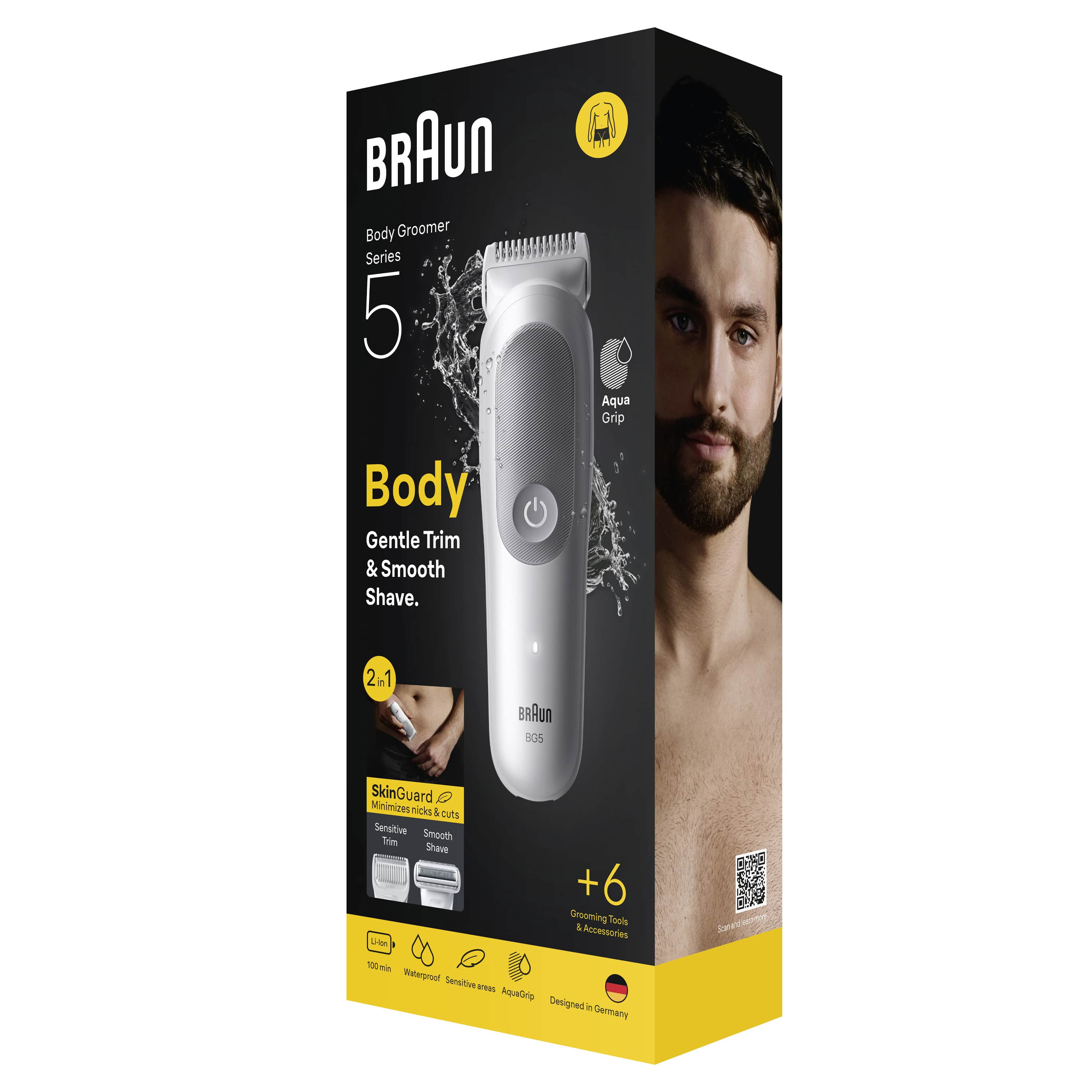 Braun vücut tıraş makinesi ve bir adamın yüzü olan kutu. Beyaz tıraş makinesi, metin ve sarı-siyah renk şeması içerir.
