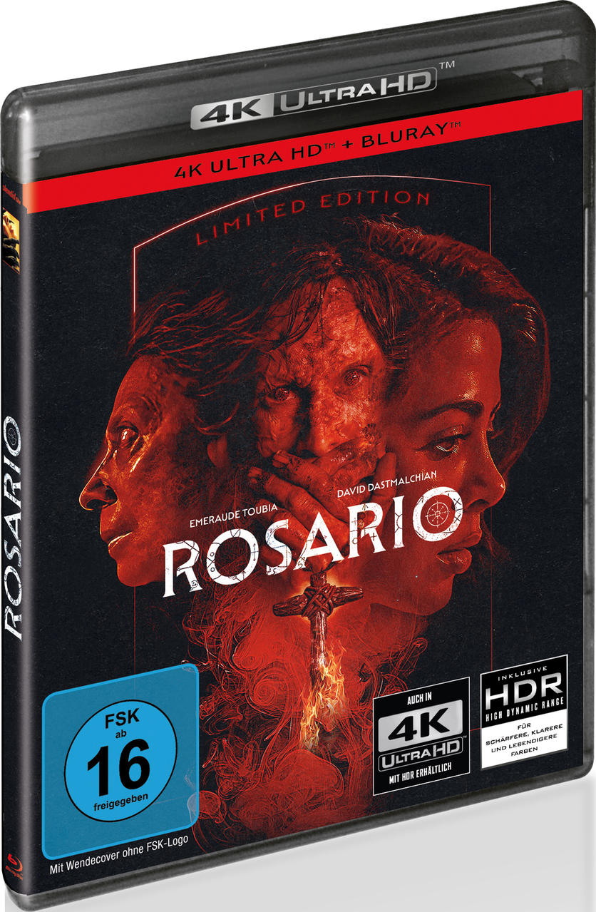 Filmcover für 'Rosario'. Zeigt drei Gesichter in Rottönen. Enthält Text '4K Ultra HD', 'Limited Edition' und eine Altersfreigabe ab 16.