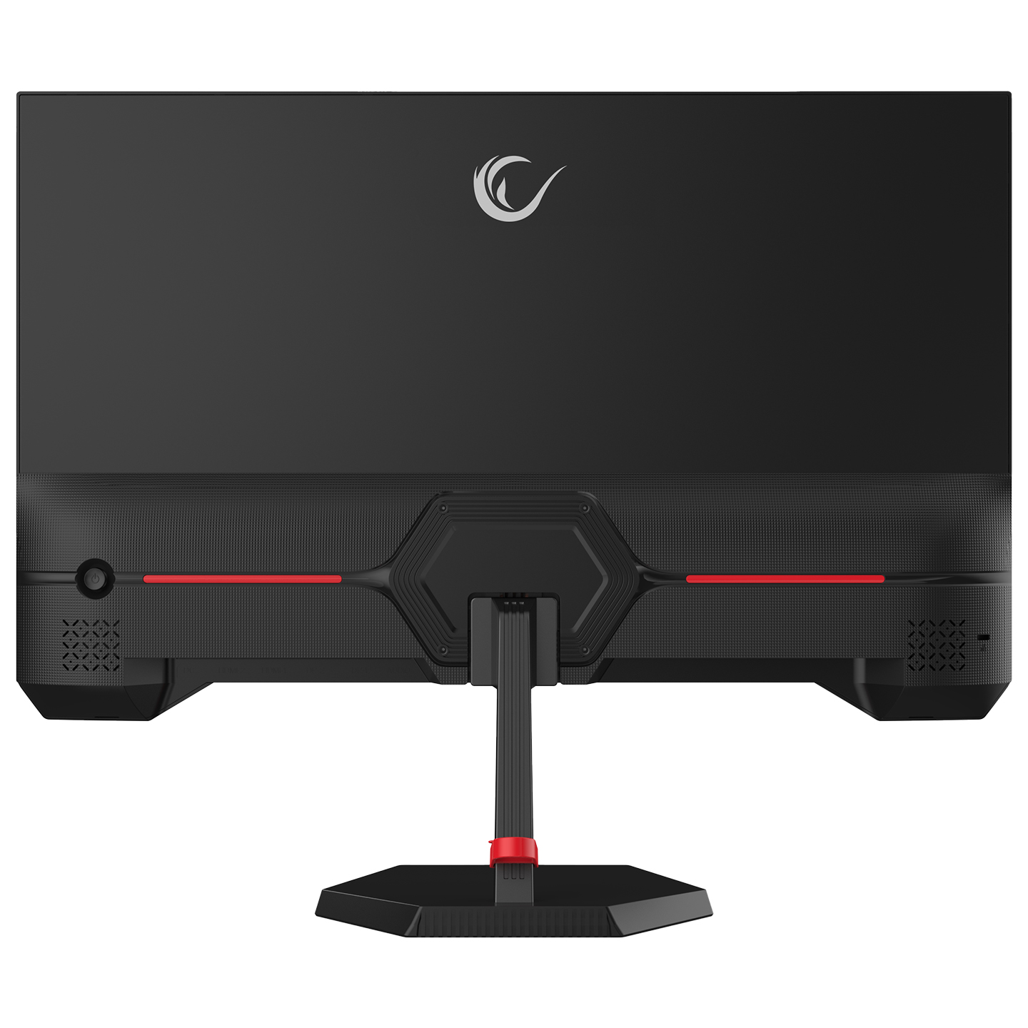 Siyah bilgisayar monitörünün arkası. Kırmızı vurgular, stand ve üstte logo. Açma/kapama düğmesi ve hoparlör ızgaraları.