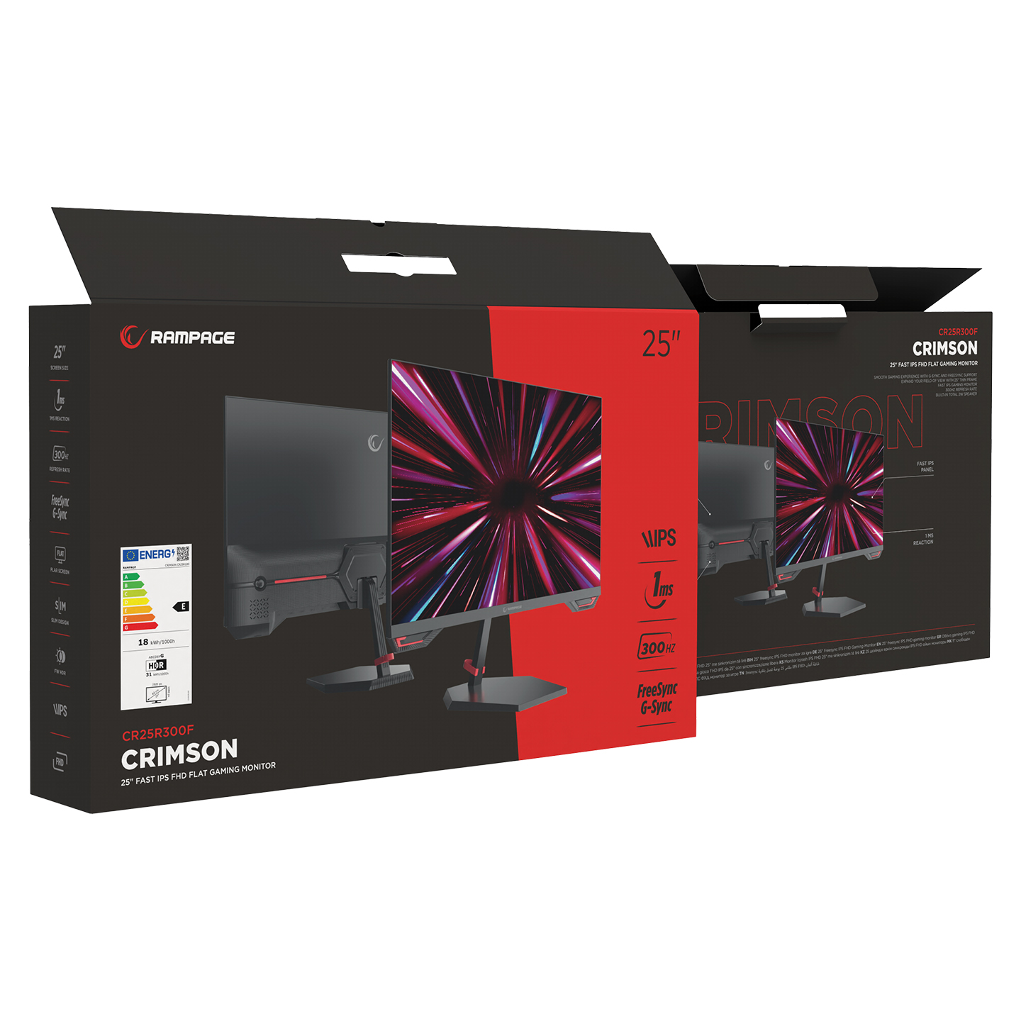 Kırmızı detaylı siyah bir monitör kutusu, canlı kırmızı ve mor ekranlı bir monitör gösteriyor. Kutuda 'CRIMSON' yazıyor.