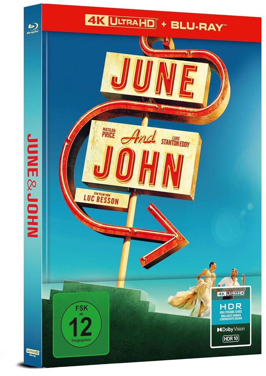Blu-ray Cover: "June & John" mit Retro-Schild, Paar im Freien, FSK 12.