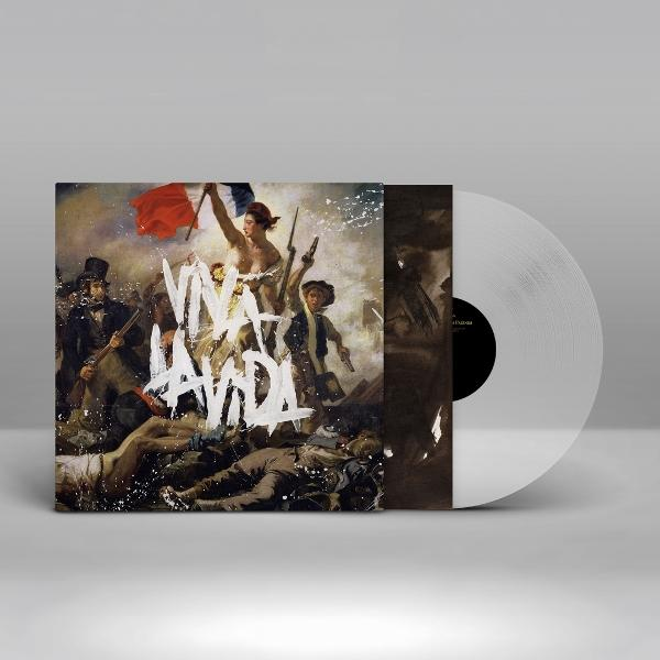 Albumcover mit Gemälde einer Kampfszene, Frau mit Flagge, Schriftzug "VIVA LA VIDA". Rechts eine Schallplatte.