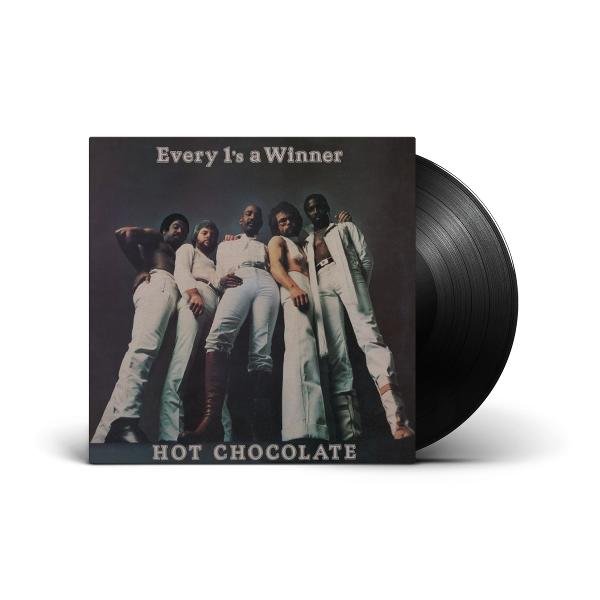 Albumcover von Hot Chocolate's 'Every 1's a Winner'. Fünf Männer in weißen Anzügen, Albumtitel und eine schwarze Schallplatte.