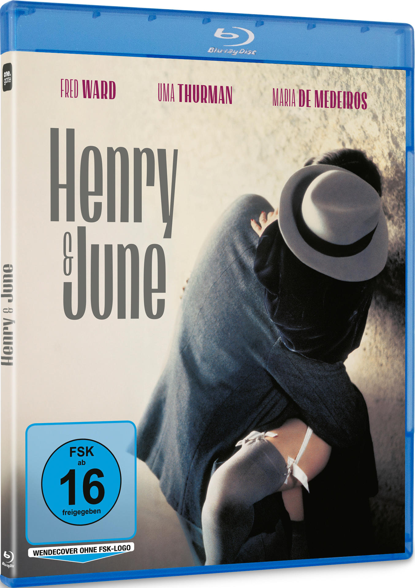 Blu-ray-Cover für "Henry & June". Es zeigt ein sich umarmendes Paar. Die Frau hat einen Strumpfhalter. Die Namen der Schauspieler sind aufgeführt.
