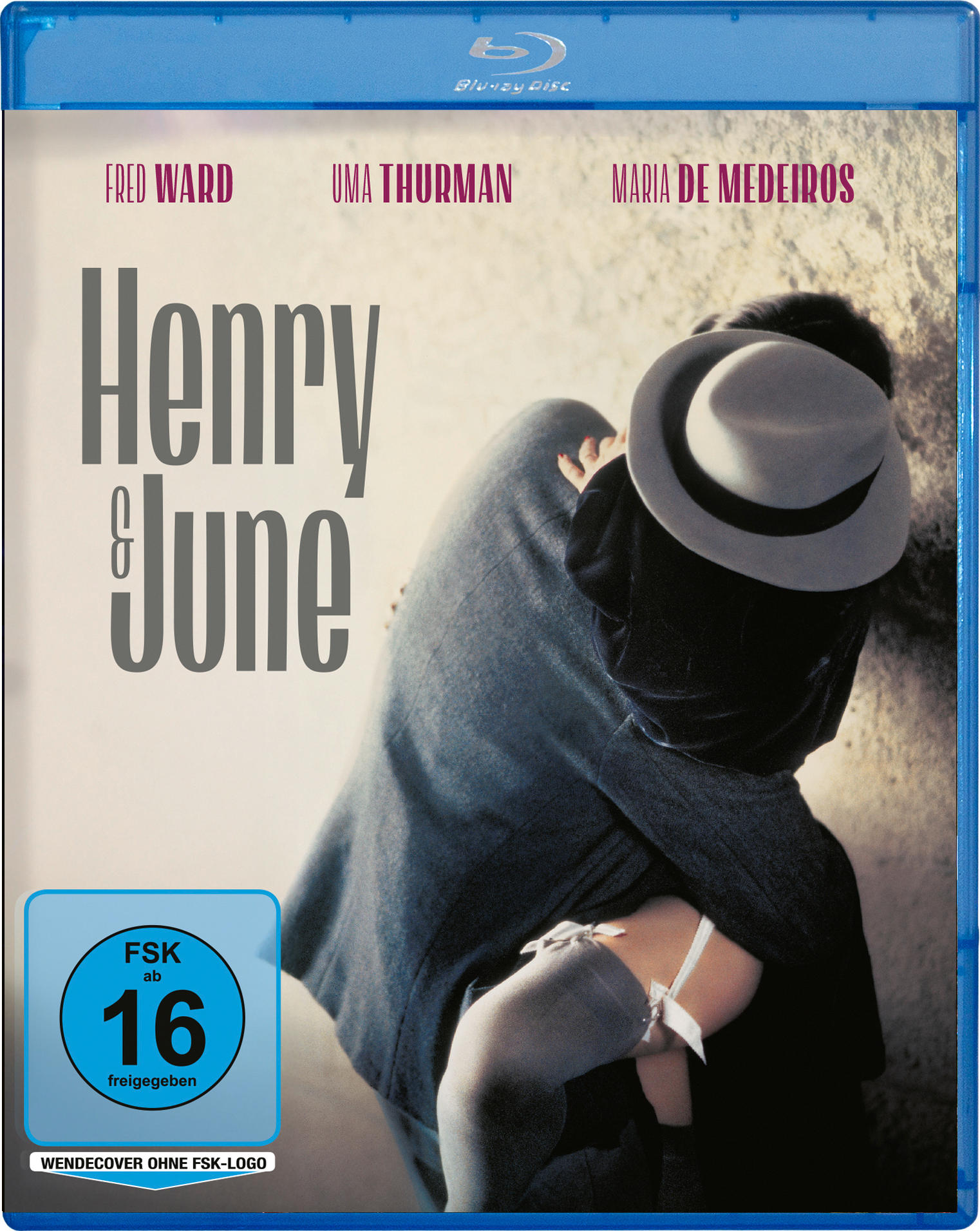 Filmcover. Titel: Henry & June. Schauspieler: Fred Ward, Uma Thurman, Maria De Medeiros. Eine Person mit Hut umarmt eine andere.