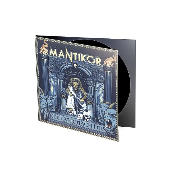 Albumcover mit einer löwenköpfigen Figur, die eine weiße Figur hält, mit dem Wort MANTIKOR. Eine schwarze Vinyl-Schallplatte in einer Hülle.