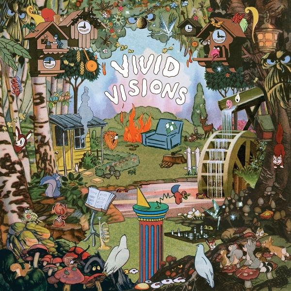 Bunte, surreale Waldszene mit Vögeln, Tieren, Cuckoos und dem Titel VIVID VISIONS.