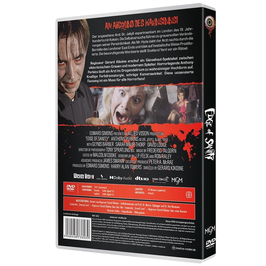 DVD-Hülle. Jekyll und Hyde-Film. Ein Mann mit verzerrtem Gesicht. Text auf Deutsch und Englisch.
