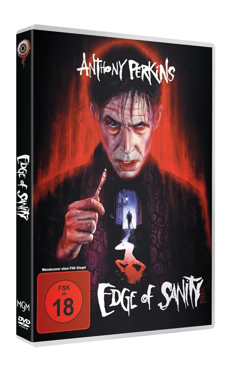 DVD-Cover für 'Edge of Sanity'. Anthony Perkins ist abgebildet. Roter Hintergrund mit einer Figur in einer Tür, einer Frau und einem Rating-Logo.