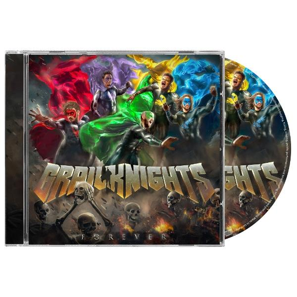 CD-Cover mit kostümierten Figuren. Oben Figuren mit Umhängen. Unten Skelette. Die Wörter "GRAILKNIGHTS" und "FOREVER" sind sichtbar.