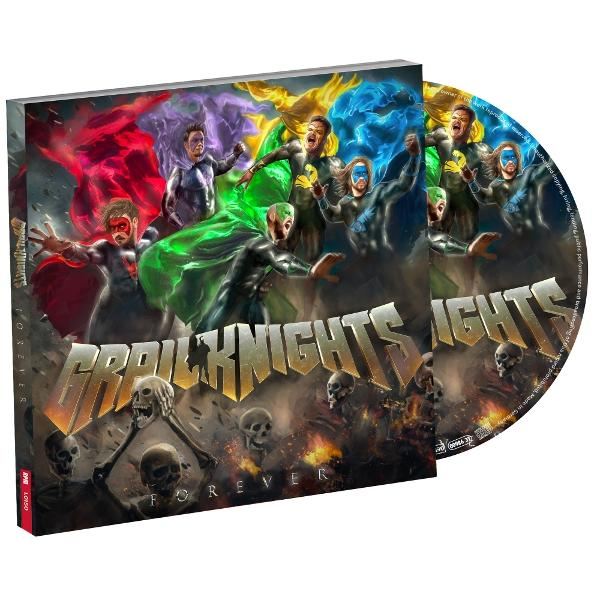CD-Cover. Männer in Umhängen, Totenköpfen und Flammen. Titel: Grailknights Forever. Disc mit gleichem Artwork.