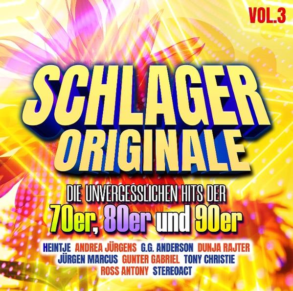 Albumcover mit Titel 'Schlager Originale'. Enthält '70er, 80er und 90er' und Künstlernamen. Helle Gelb-, Blau- und Rosatöne.