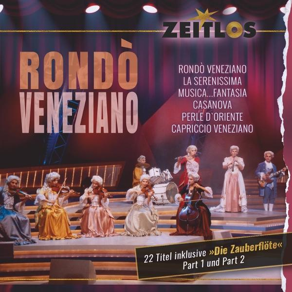 Eine Bühne mit Musikern in historischen Kostümen. Der Titel "Rondò Veneziano" ist prominent, mit Text der Musikstücke.