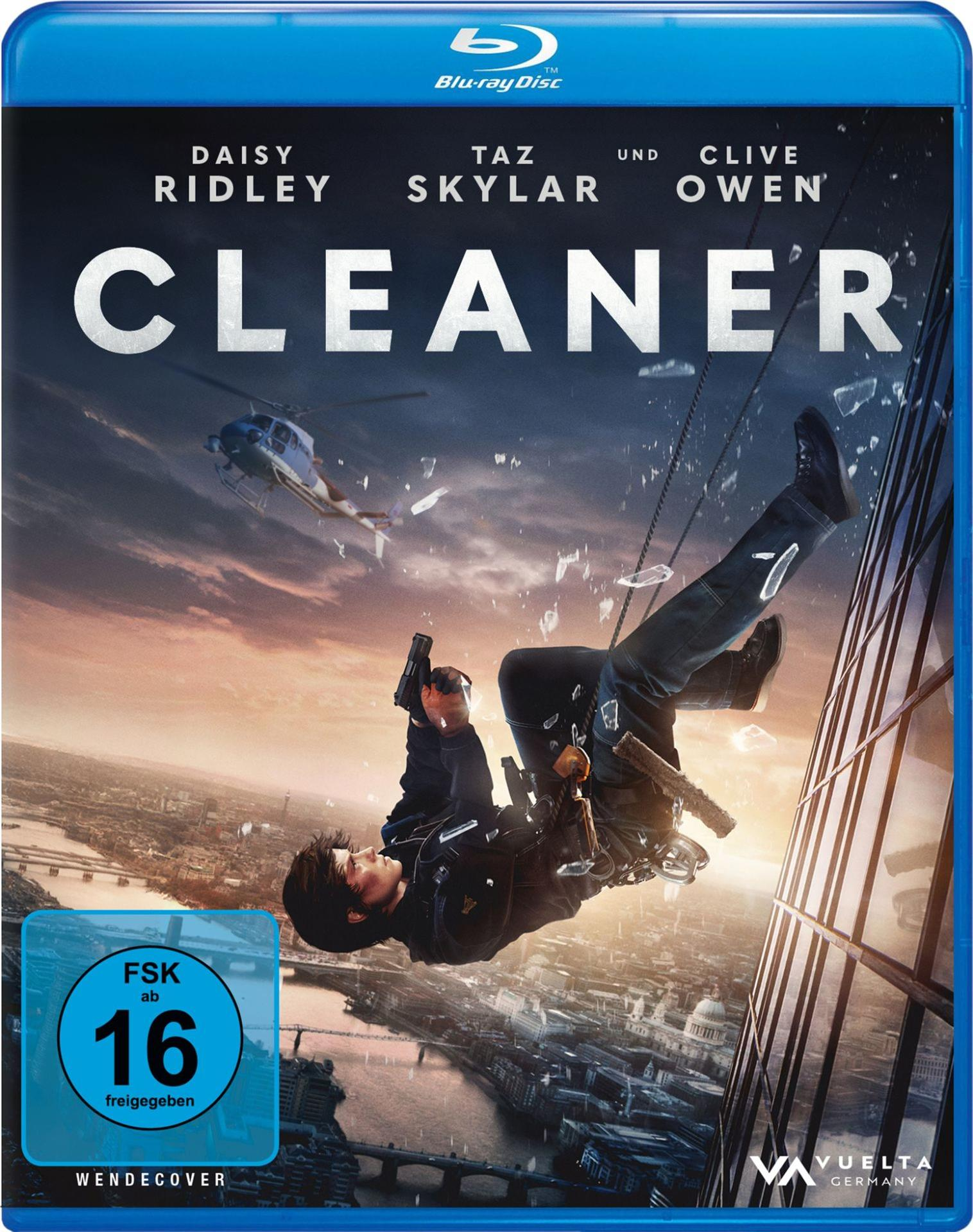 Filmcover: Mann seilt sich an einem Gebäude ab, Waffe in der Hand. Hubschrauber im Hintergrund. Titel: Cleaner. Schauspieler: Daisy Ridley, Taz Skylar, Clive Owen.
