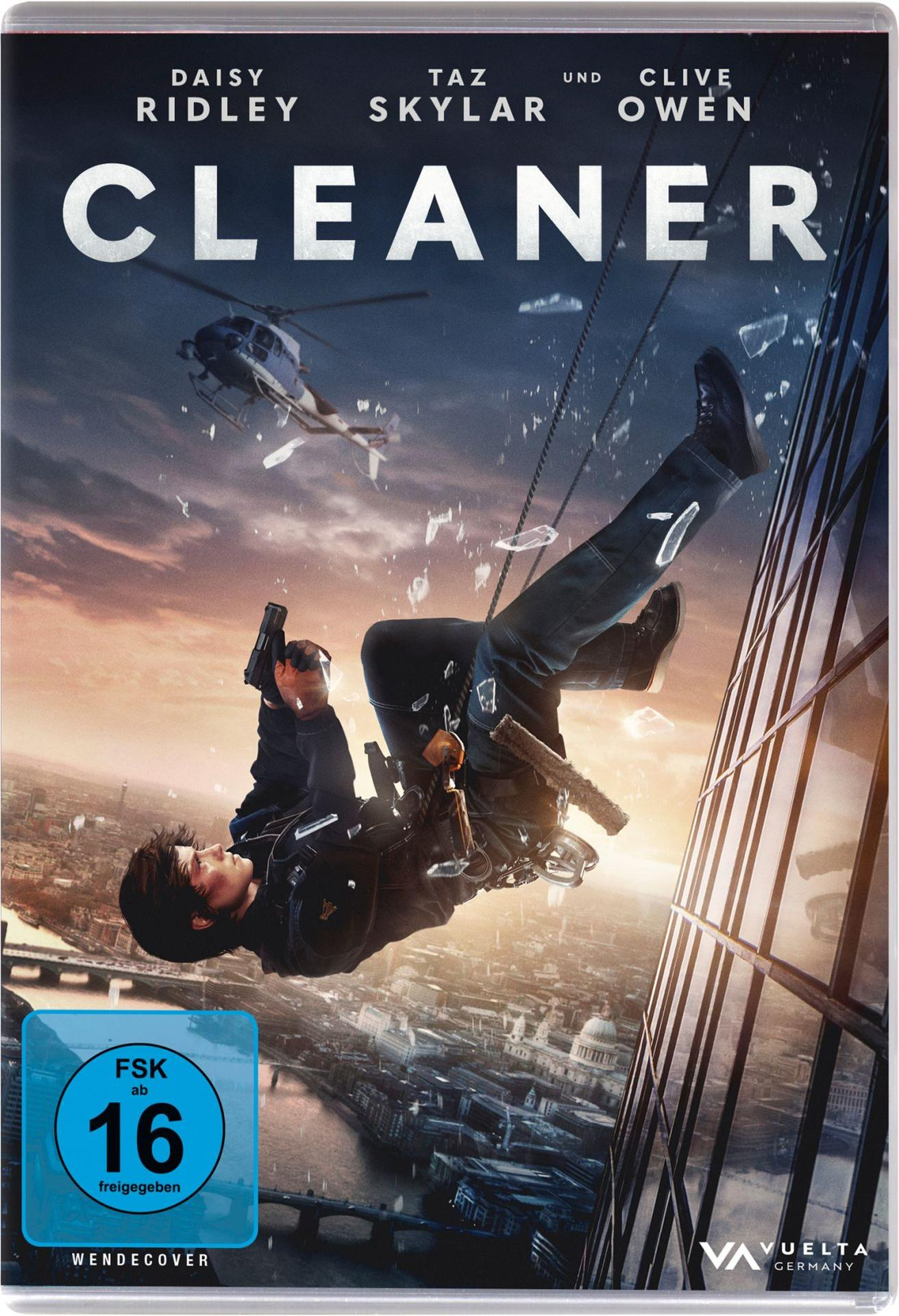 Filmcover für Cleaner. Ein Mann hängt an einem Wolkenkratzer, die Pistole in der Hand. Hubschrauber im Hintergrund. Titel: Cleaner.