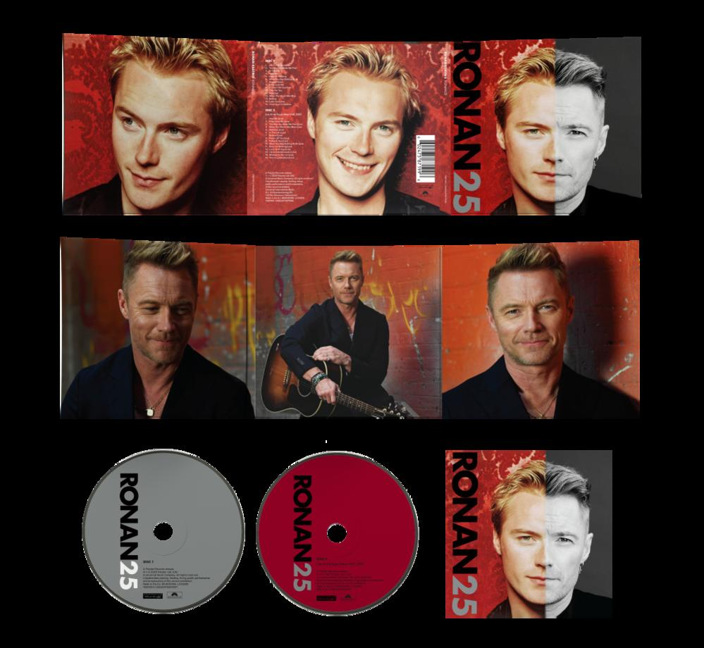 Pochette d'album avec Ronan Keating. L'album s'intitule 'RONAN25'. Il y a aussi deux CD, gris et rouge.