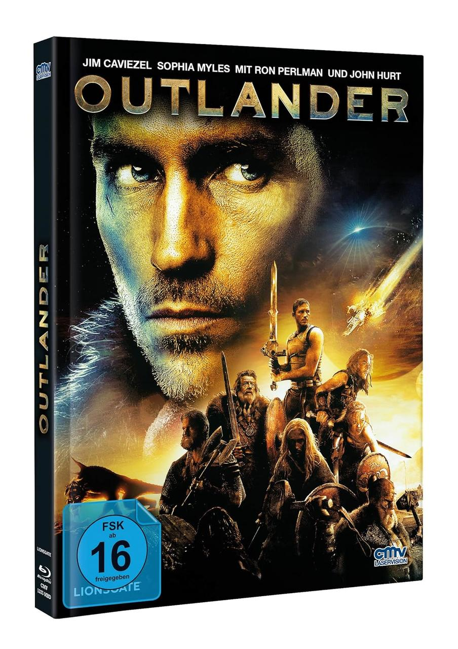 Filmcover für Outlander. Mit Jim Caviezel. Zeigt einen Mann mit Schwert und eine Gruppe von Kriegern. Im Hintergrund ein Raumschiff.