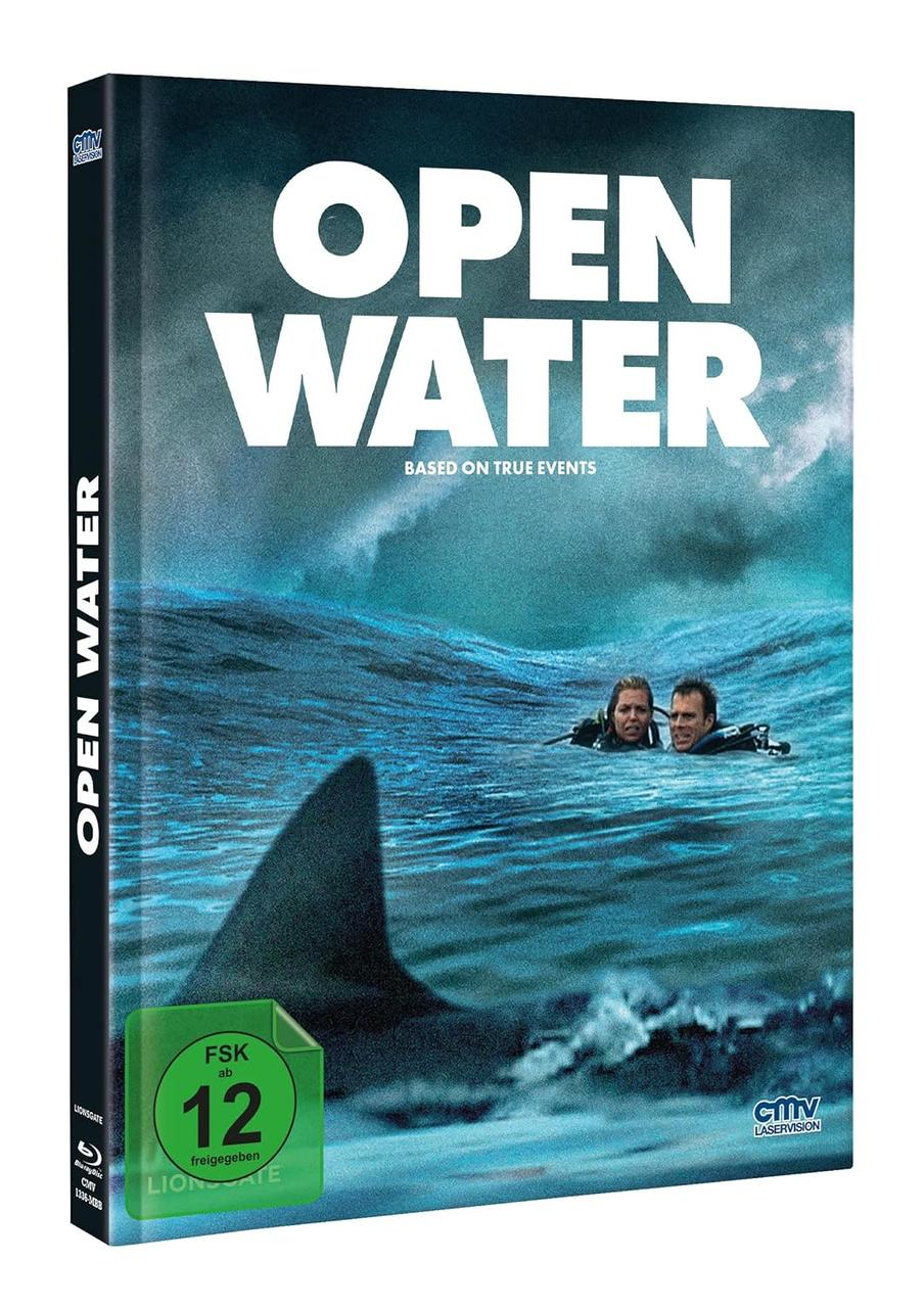 Filmcover von "Open Water". Zwei Personen im Wasser, Haifischflosse sichtbar. Text: "OPEN WATER".
