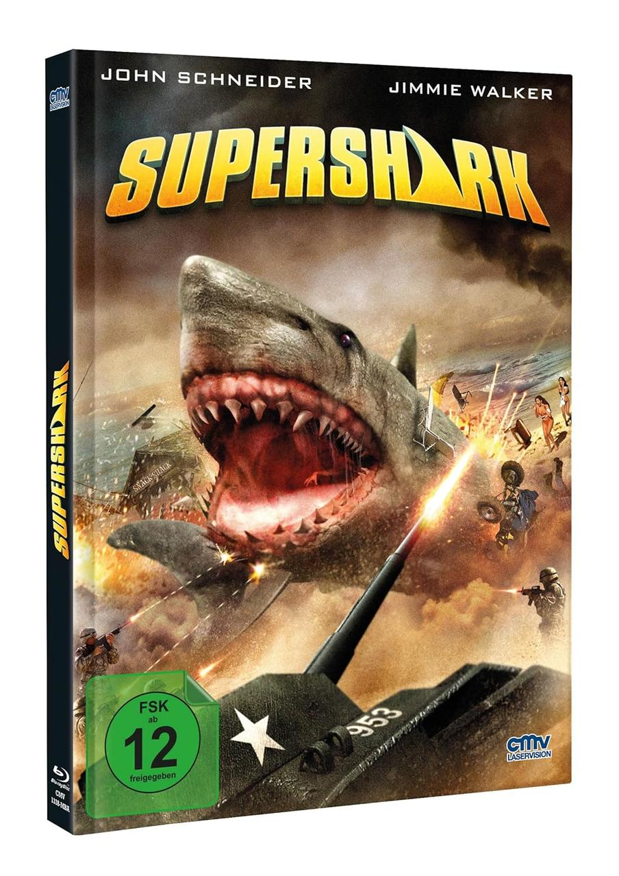 Filmcover von Supershark. Ein riesiger Hai greift ein Flugzeug an. Soldaten schießen auf den Hai. Frauen rennen am Strand im Hintergrund.