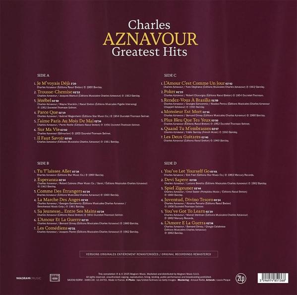 Albumcover für Charles Aznavours Greatest Hits. Enthält Songtitel, Seitenaufzählungen und das Wagram Music Logo.