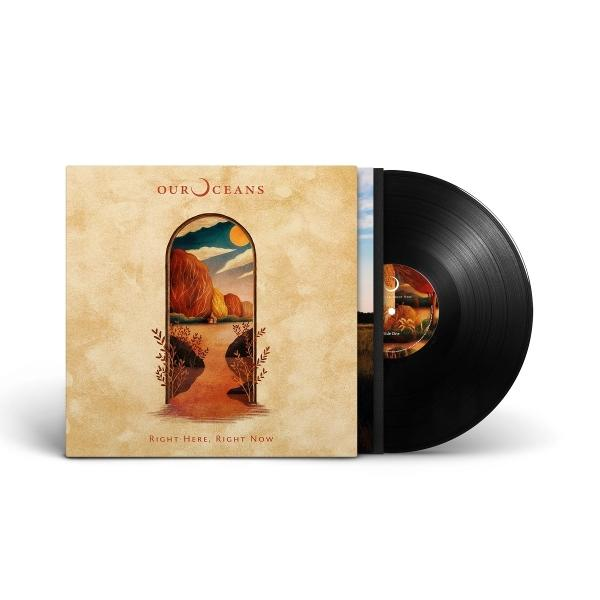 Albumcover mit Torbogen-Szene, Vinyl-Schallplatte sichtbar. Titel 'OUR OCEANS', 'Right Here, Right Now'. Schwarzes Vinyl.