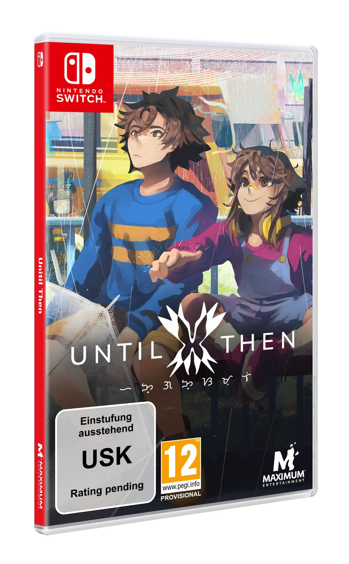 Spiel-Box-Art von Until Then. Zwei Anime-Charaktere im Regen. Das Nintendo Switch-Logo ist sichtbar.