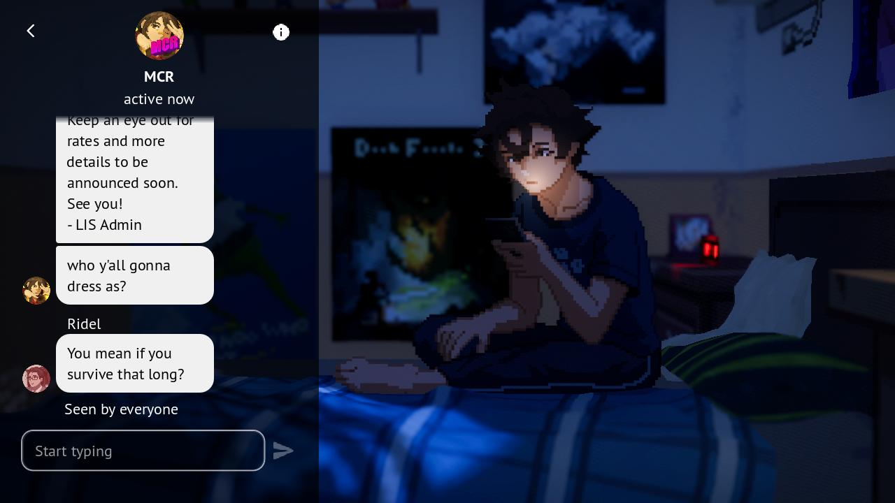 Eine Person in einem dunklen Raum schaut auf ihr Handy. Auf der Seite ist eine Unterhaltung. Im Hintergrund ist ein Poster.