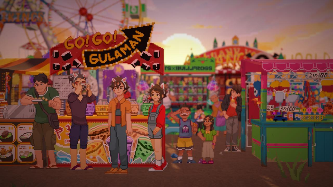 Pixel-Art-Szene auf einem Jahrmarkt. Menschen stehen vor Ständen und einem Riesenrad. Schild sagt 'Go! Go! Gulaman'.