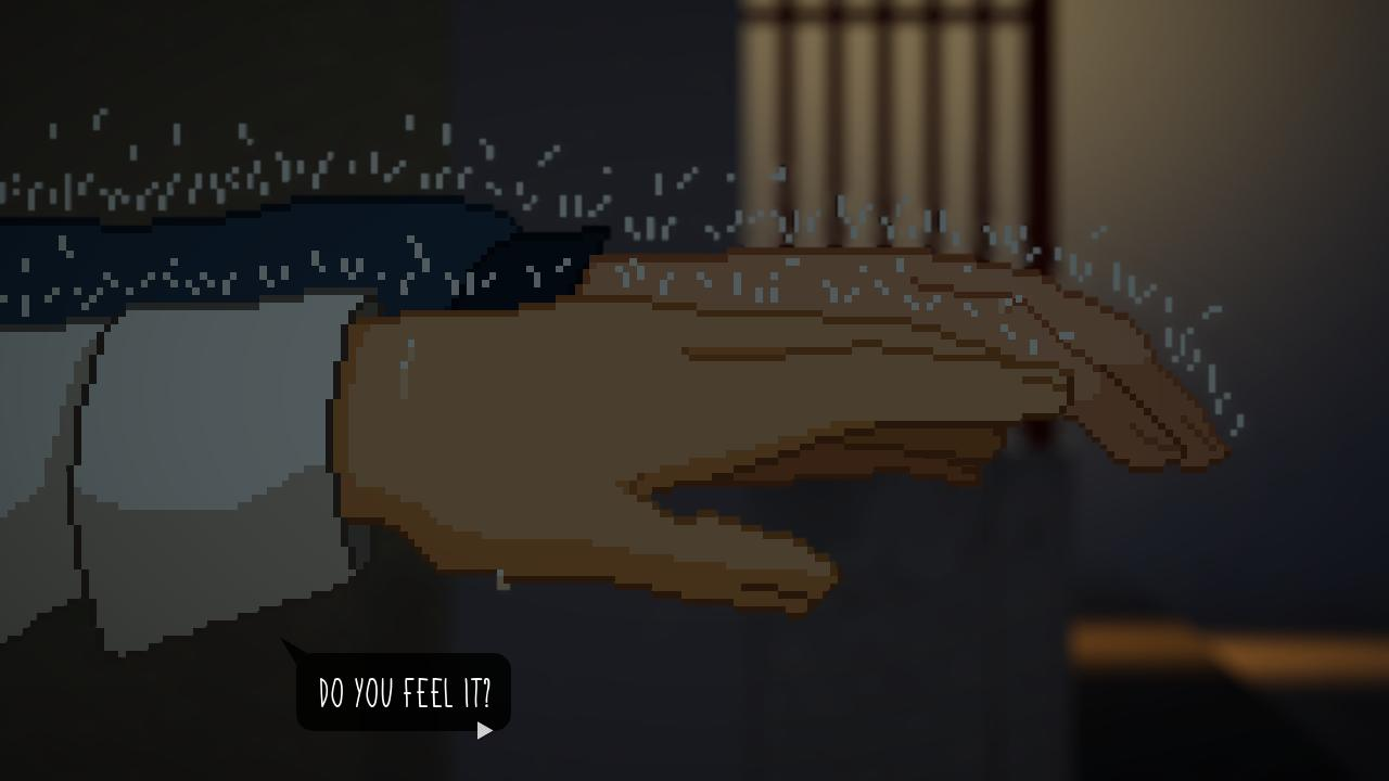 Verpixelte Hand, die sich ausstreckt, mit kleinen Partikeln, die um sie herum schweben. Eine Sprechblase sagt: „Fühlst du es?“