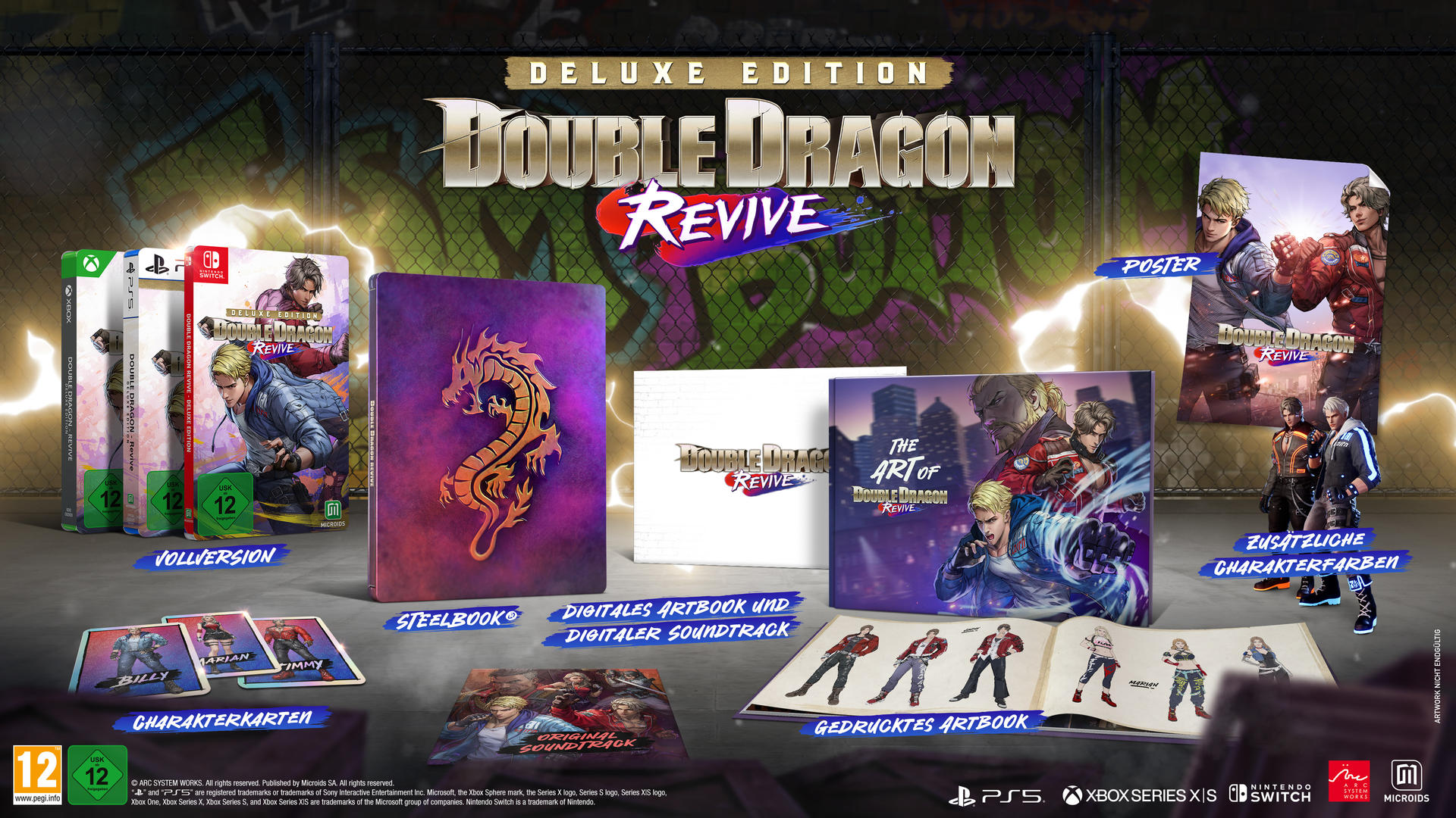 Deluxe Edition von Double Dragon Revive. Enthält Spielhüllen, Steelbook, Artbook, Soundtrack, Charakterkarten und ein Poster.